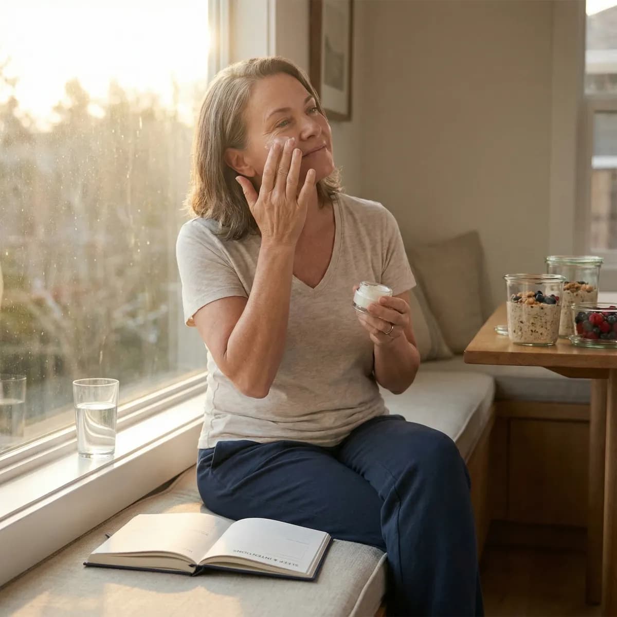 Person reflecting by a window in a calm setting as part of a wellness routine
