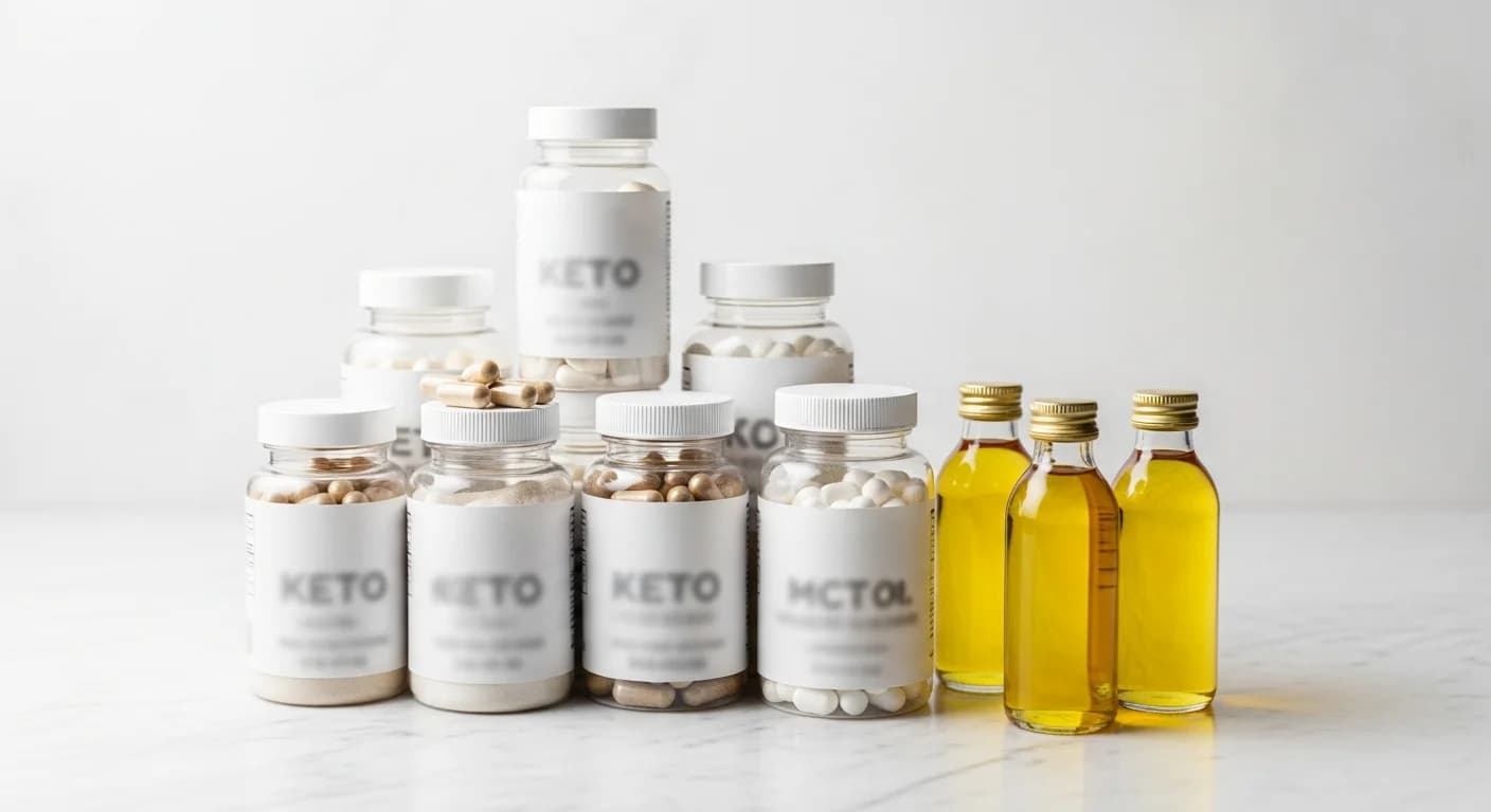 Keto supplement bottles and MCT oil arranged on a white marble surface with studio lighting
