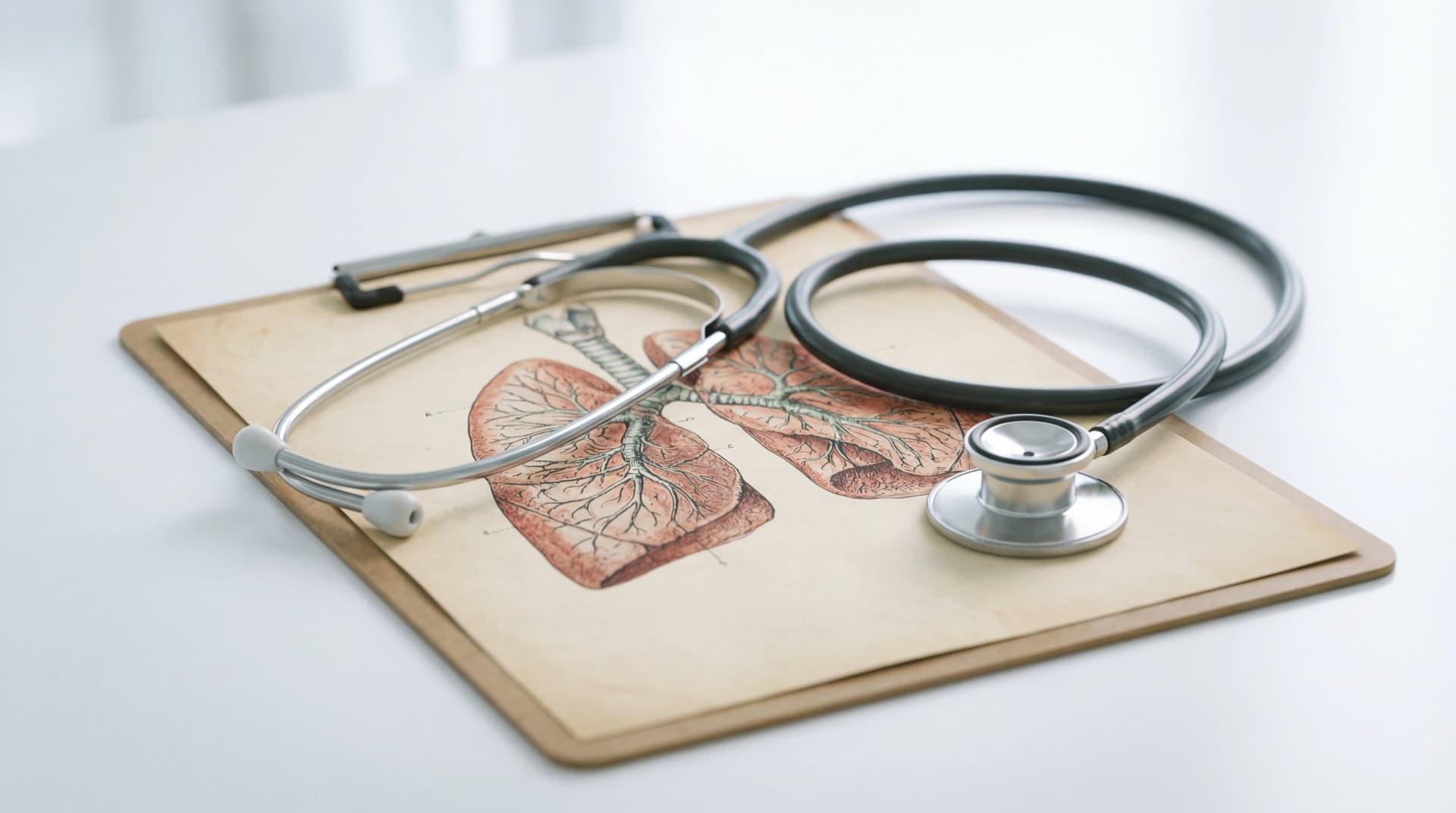 Stethoscope resting on a chest X-ray showing highlighted lung tissue in a clinical setting