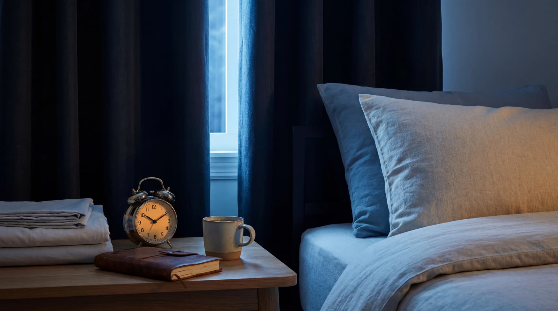 Calm nighttime bedroom setup with blackout curtains, herbal tea, and a bedside alarm clock