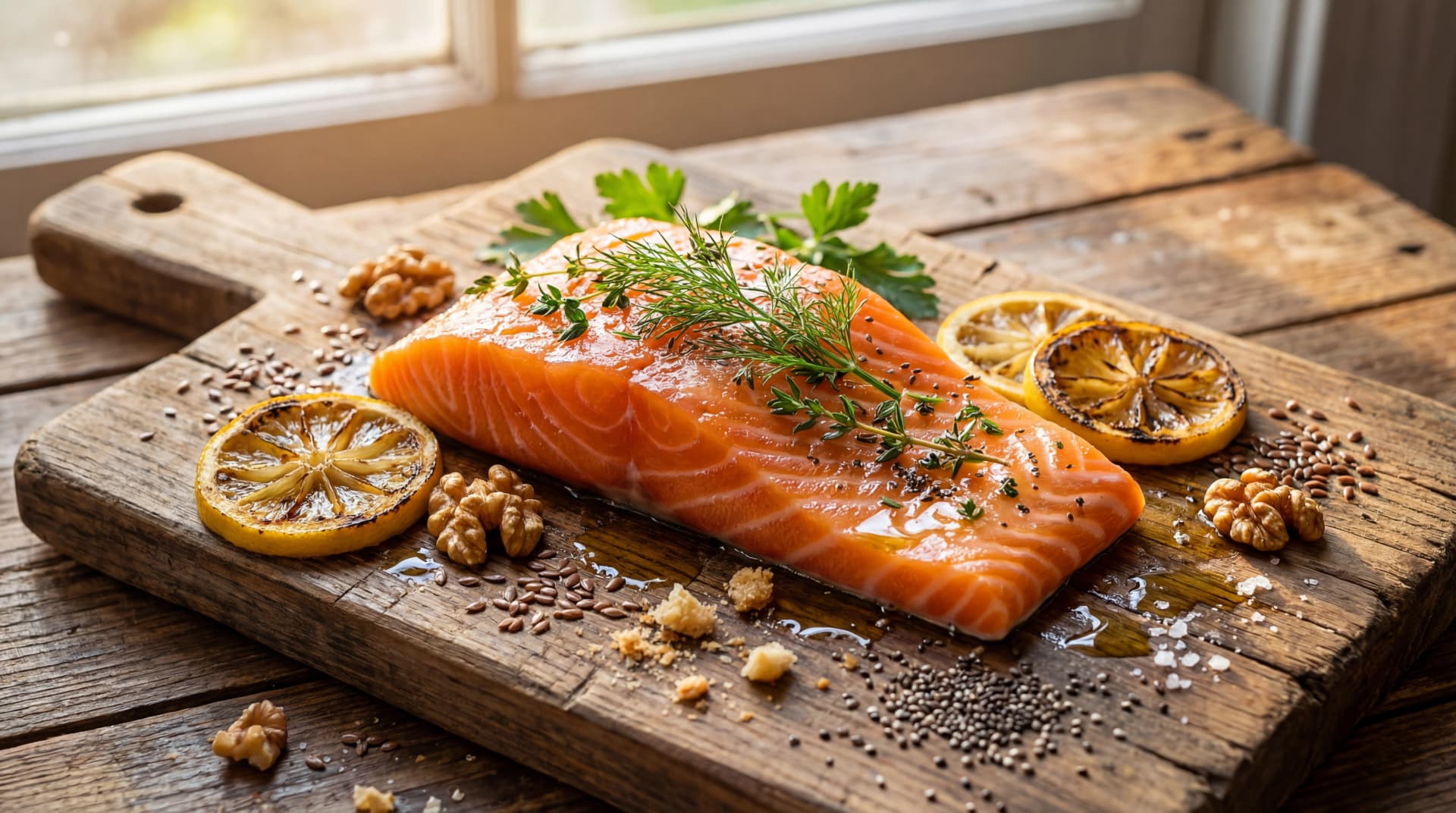 Fresh wild salmon fillet with herbs and lemon alongside omega-3 rich foods on a wooden surface