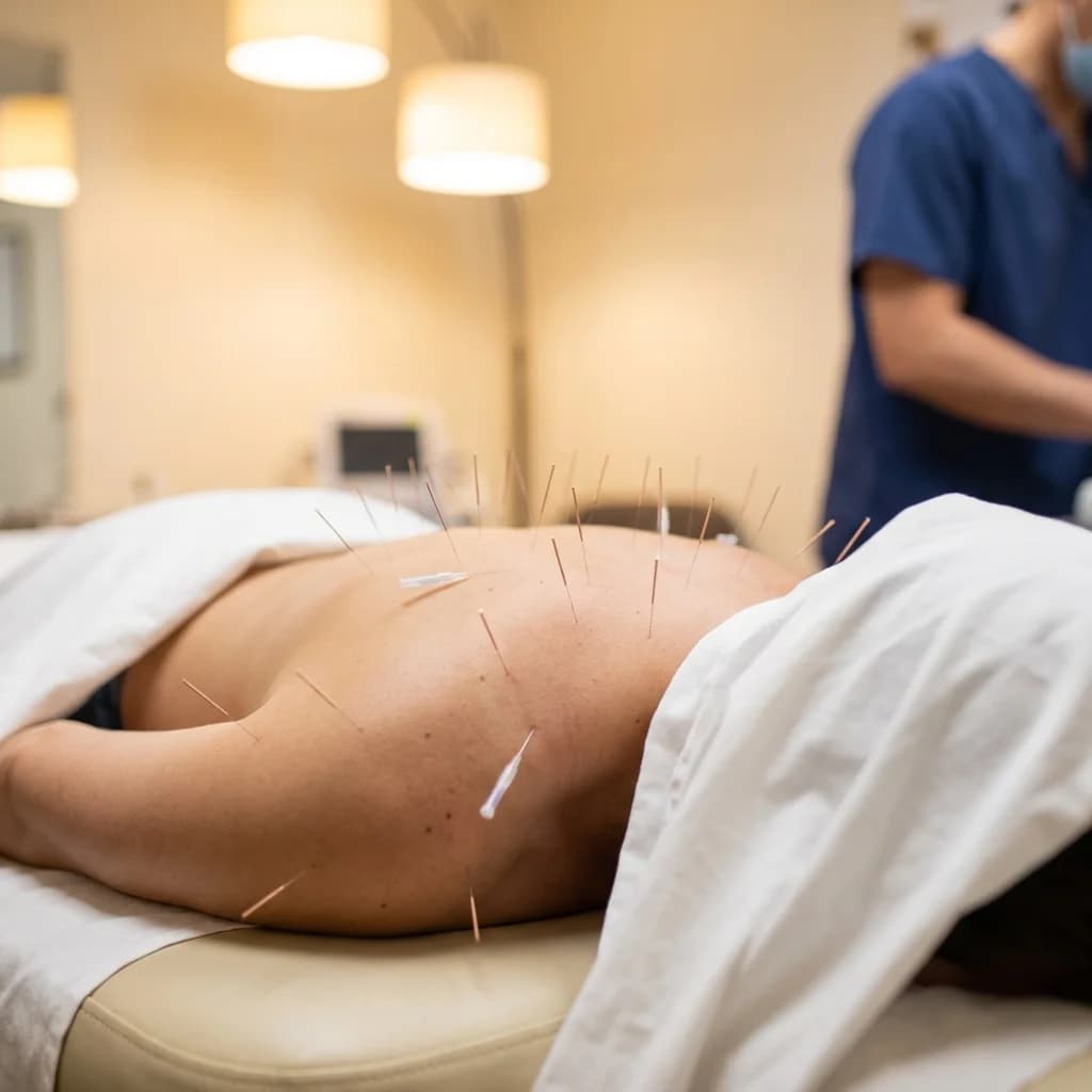 Acupuncture needles placed along a patient's upper back during a clinical treatment session