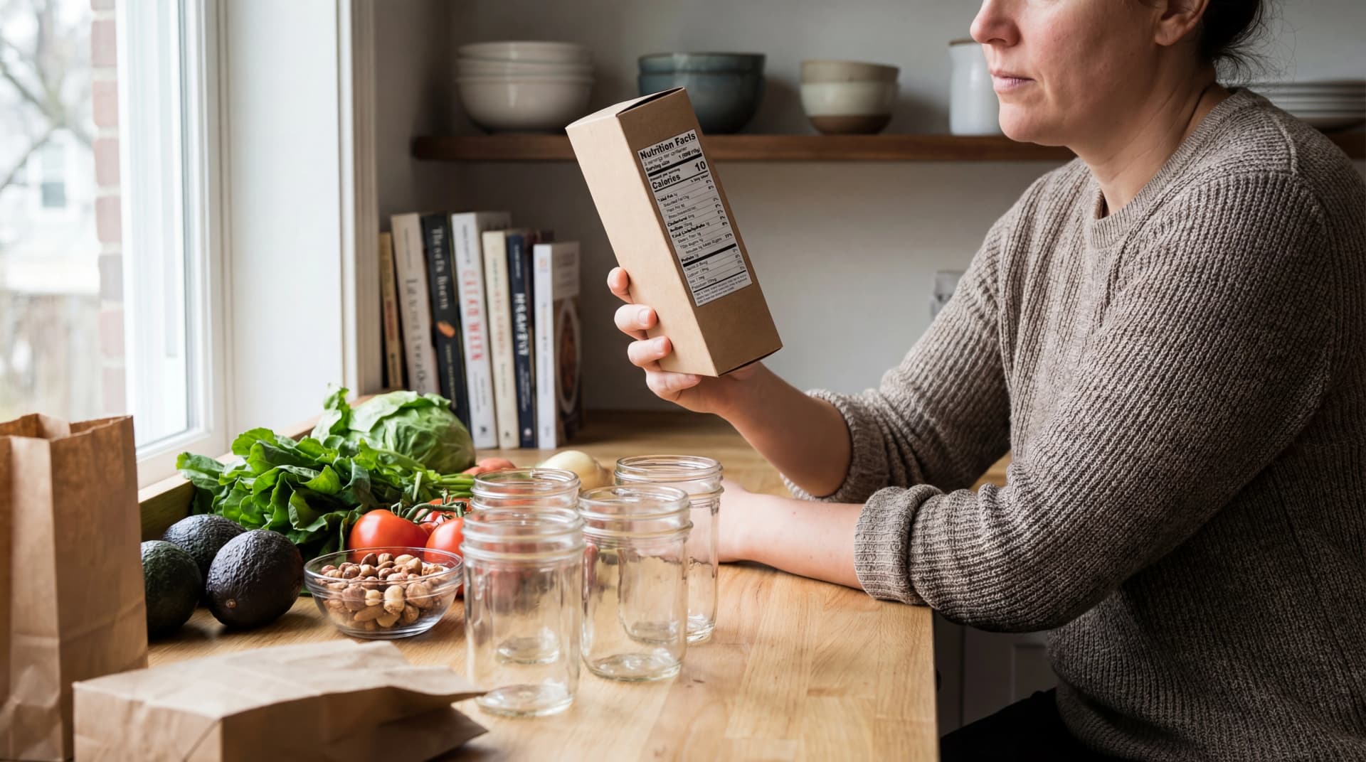 Adult reviewing food labels at a kitchen counter while planning an allergen-aware meal with fresh ingredients.