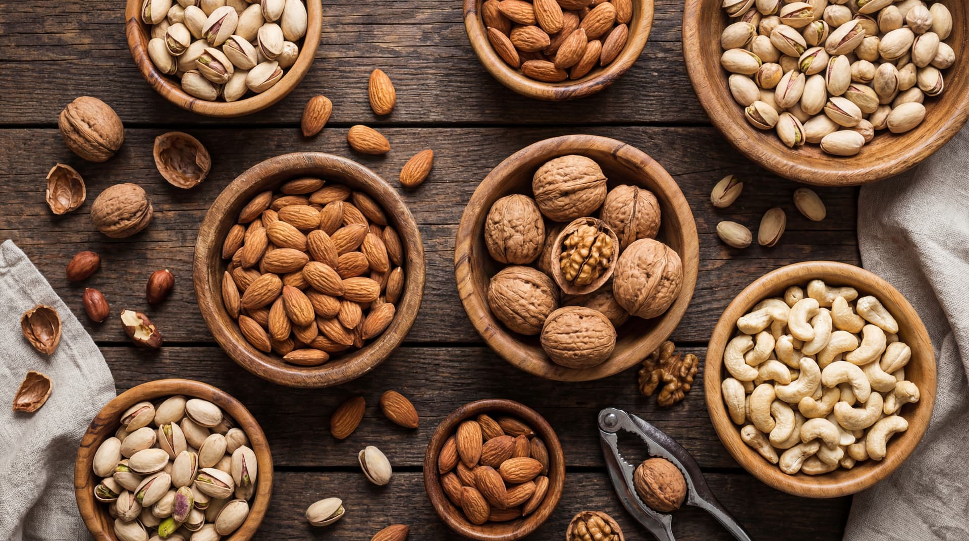 A rustic top-down view of almonds, walnuts, cashews, and pistachios in wooden bowls, representing the diverse health benefits of nuts