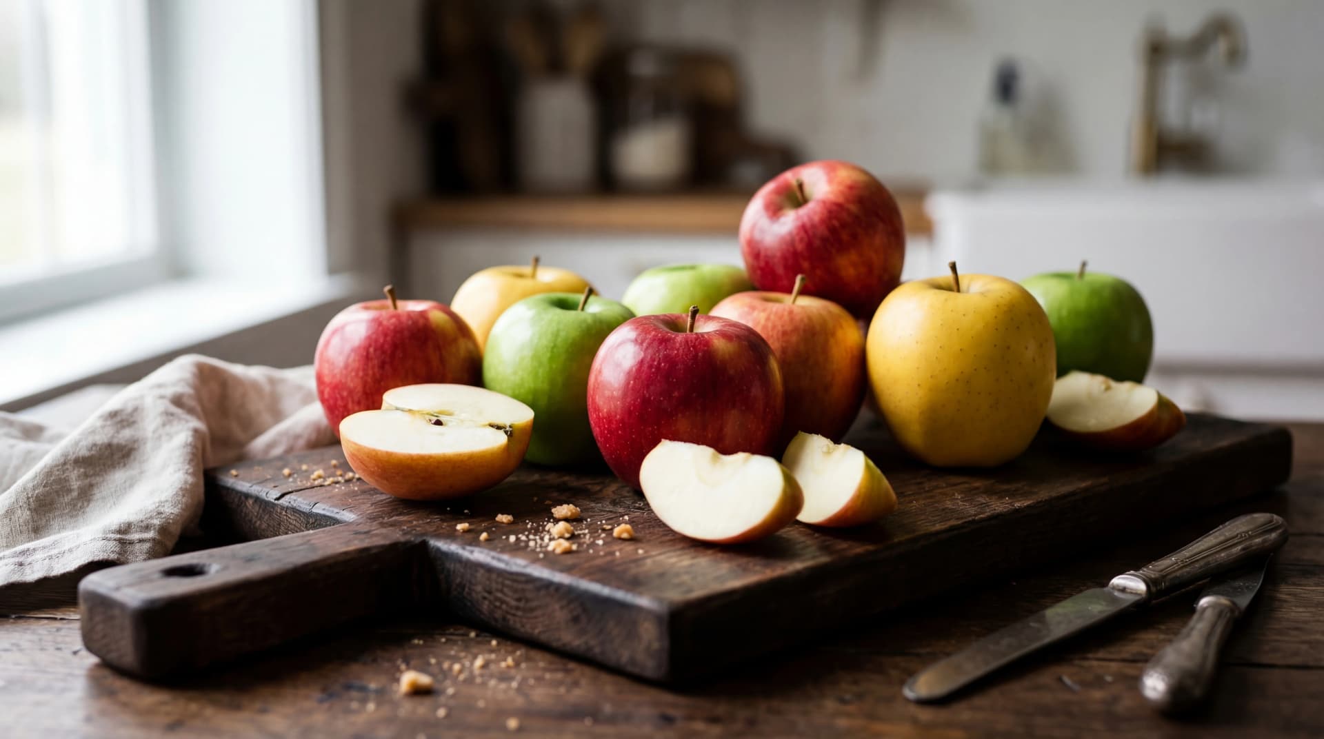 Red, green, and yellow apple varieties arranged on a rustic wooden cutting board with slices showing white flesh