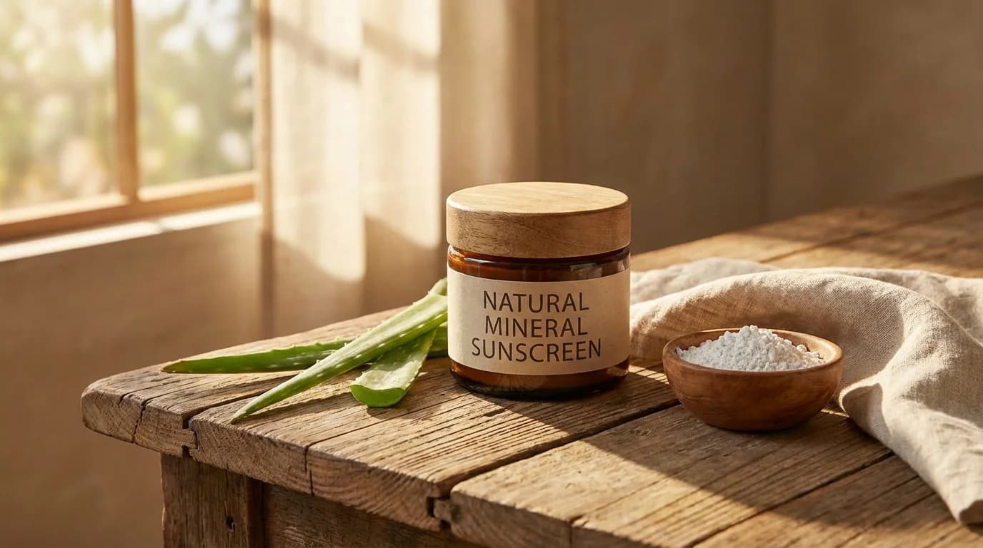 Glass jar of mineral sunscreen beside zinc oxide powder and fresh aloe vera leaves on a wooden table in warm sunlight