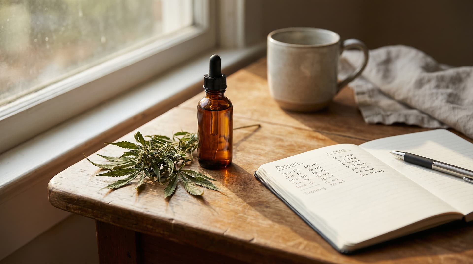 Amber CBD dropper bottle with dosing notebook and hemp leaves on a wooden table