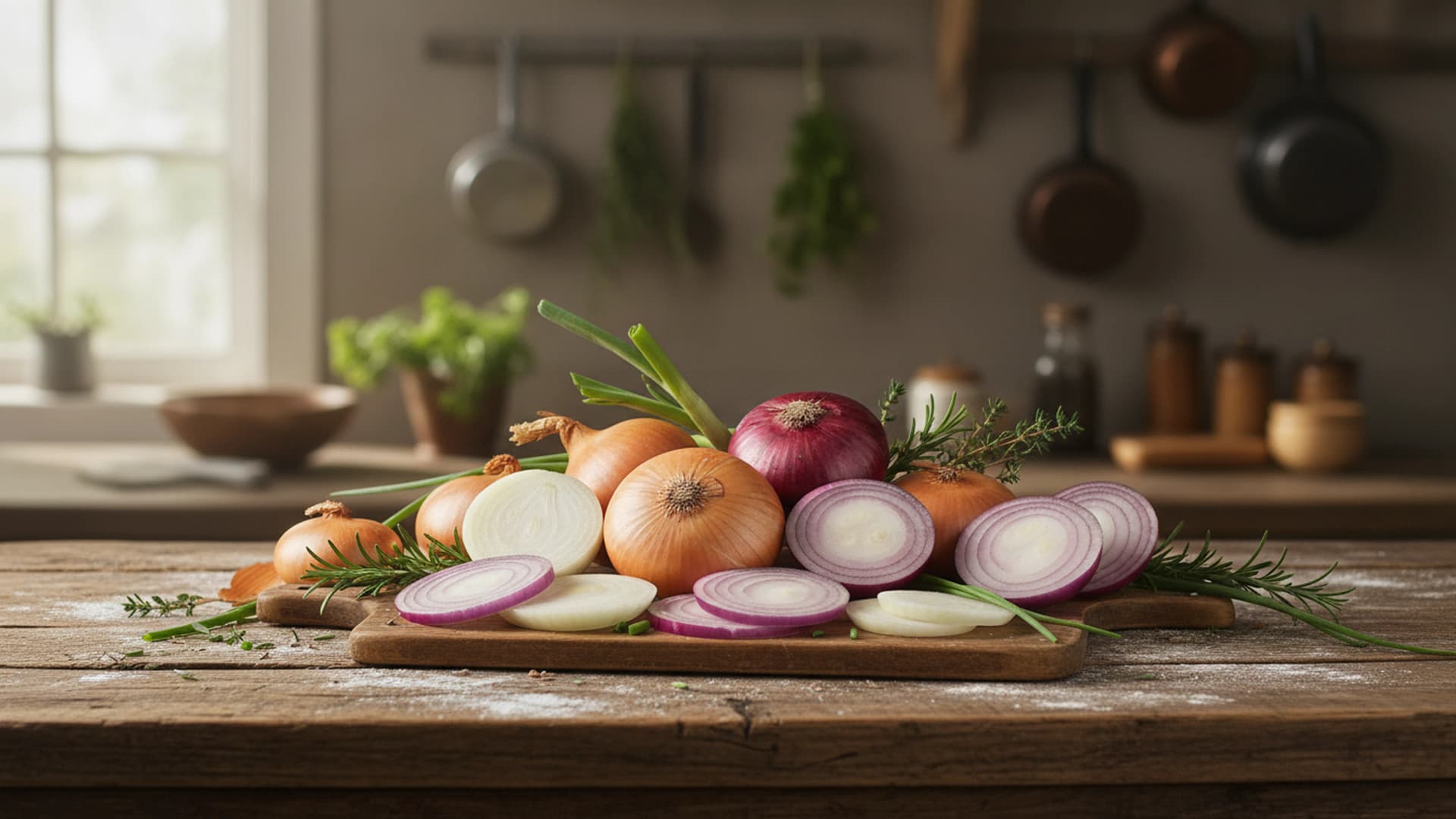 Sliced red, yellow, and white onions arranged on a wooden kitchen board with fresh herbs