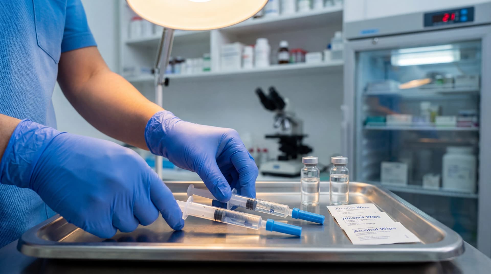 Healthcare professional preparing a long-acting injectable antiretroviral therapy dose in a clinical setting