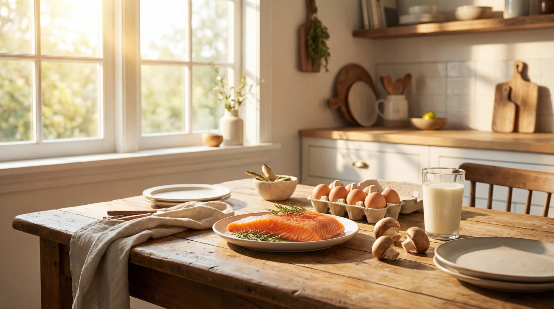 Sunlit salmon, eggs, mushrooms, and fortified dairy arranged as practical vitamin D sources.
