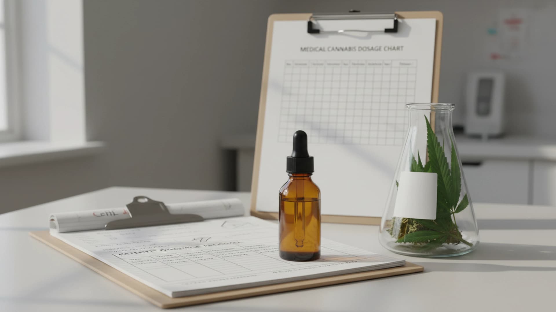 Cannabinoid medicine bottle with dosage notes and cannabis leaves in a clinical workspace
