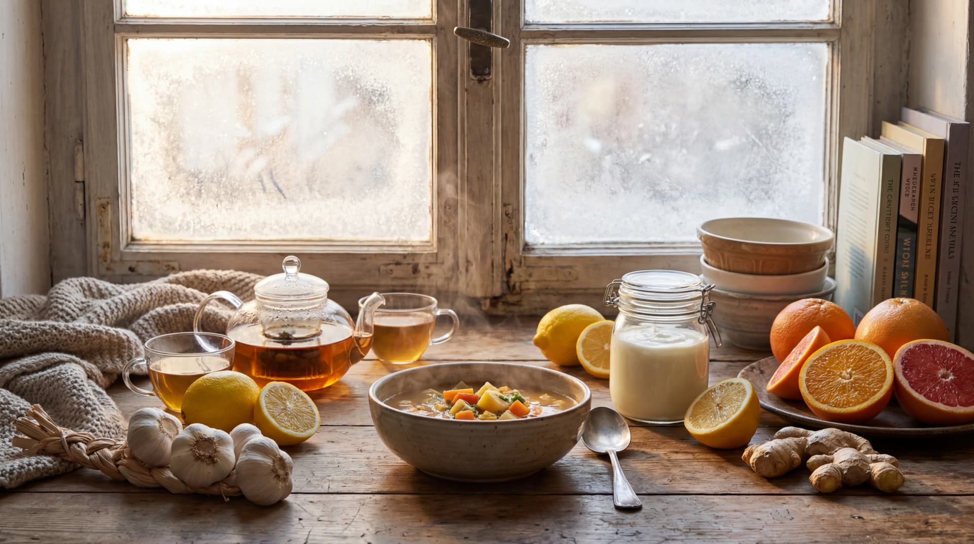 Winter kitchen setup with citrus, garlic, yogurt, tea, and warm soup for seasonal immune-support habits