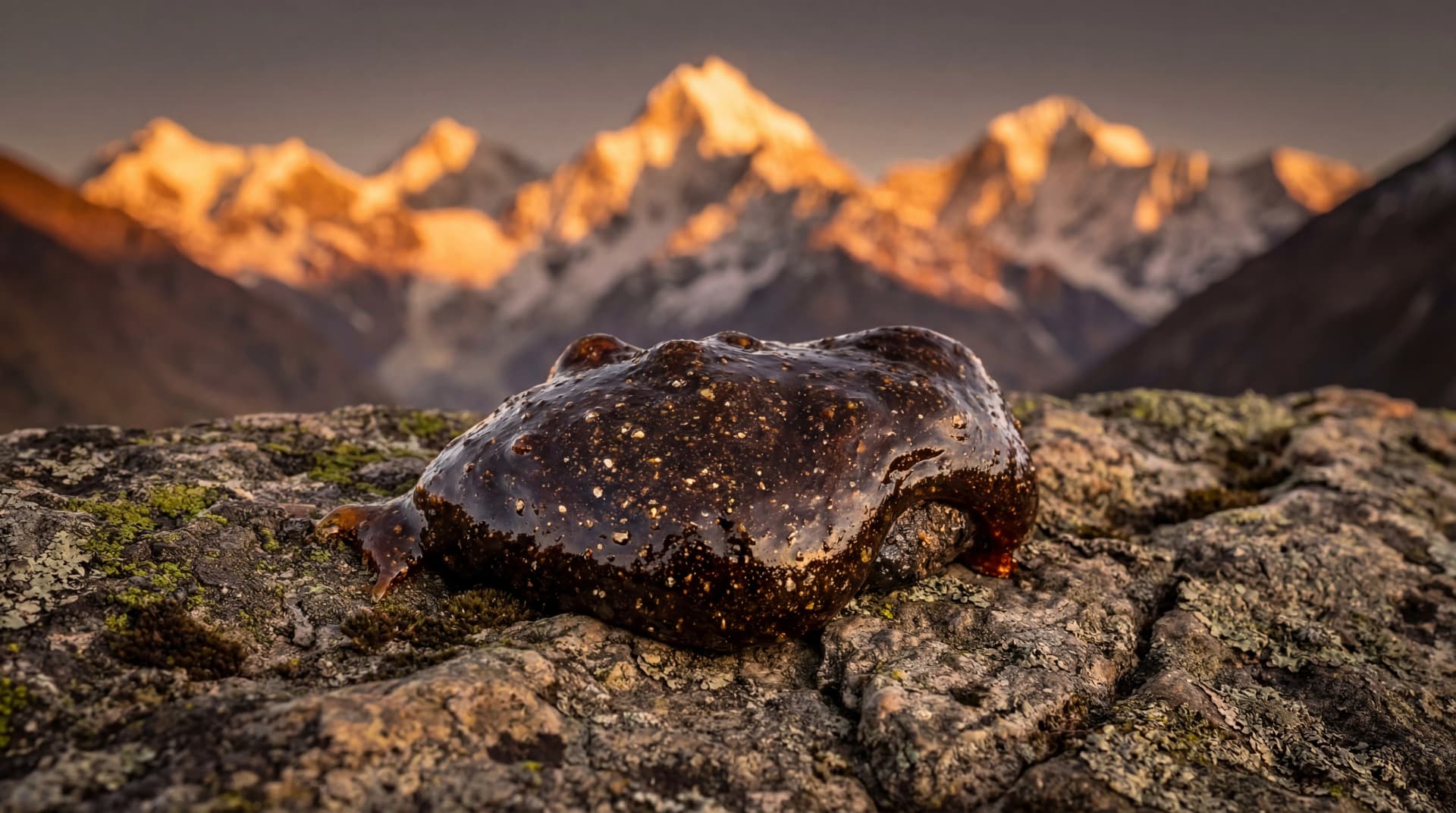 Dark resinous shilajit substance on a stone surface with Himalayan mountain backdrop