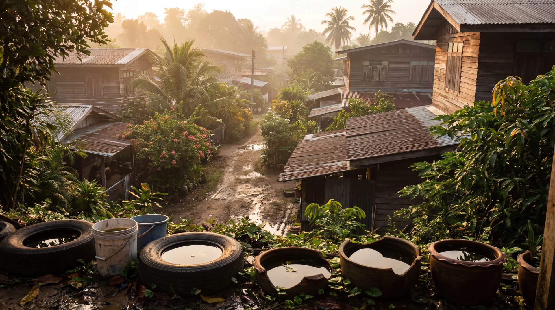 Tropical urban neighborhood with standing water where Aedes mosquitoes breed
