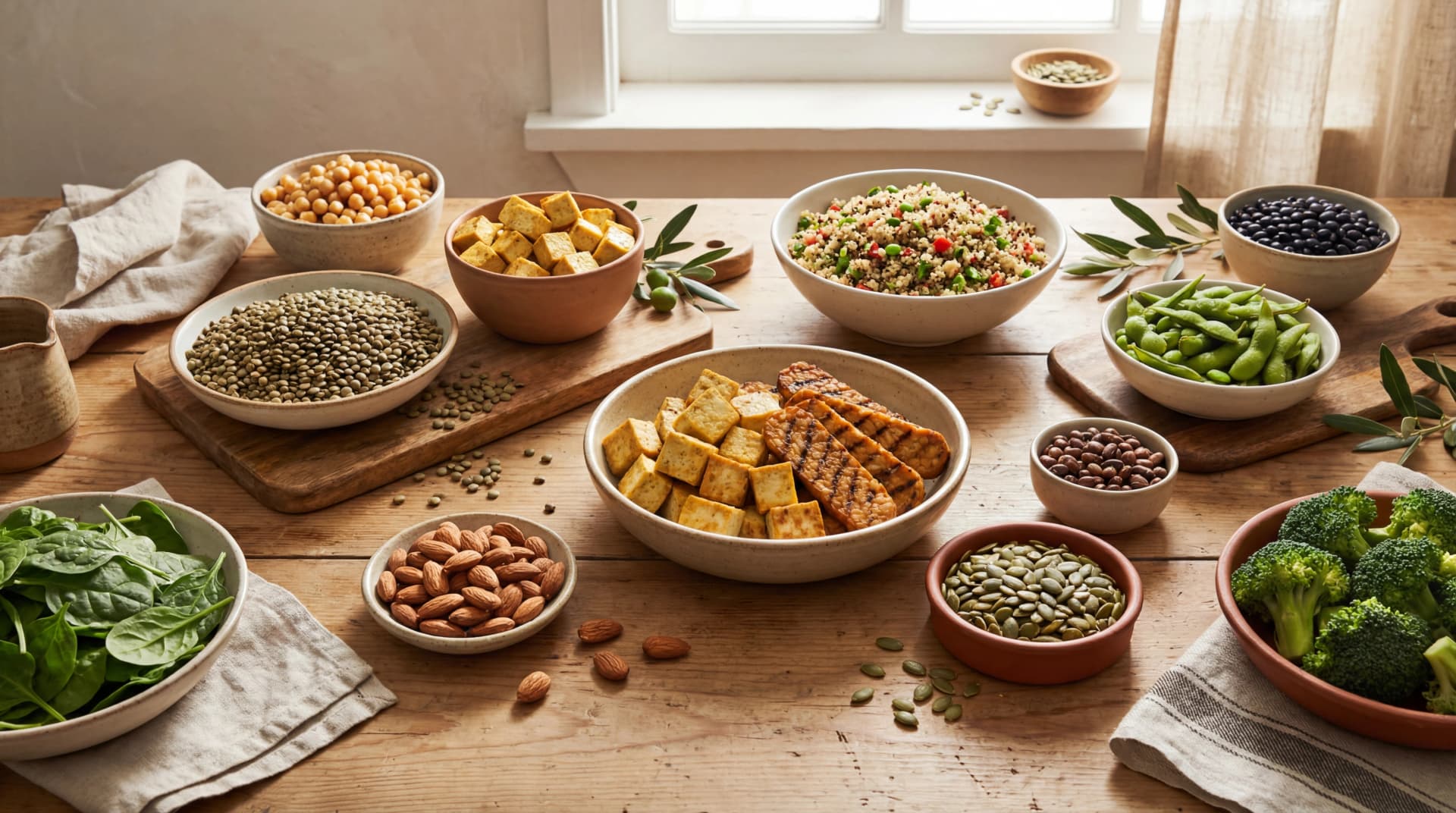 Assortment of plant protein foods including lentils, tofu, quinoa, and leafy greens arranged for meal planning