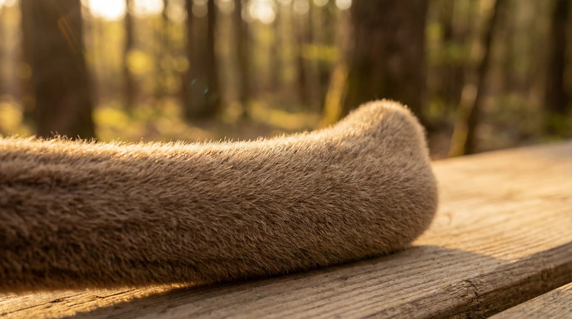 Fresh deer velvet antler with soft fuzzy texture on a wooden surface in warm natural light