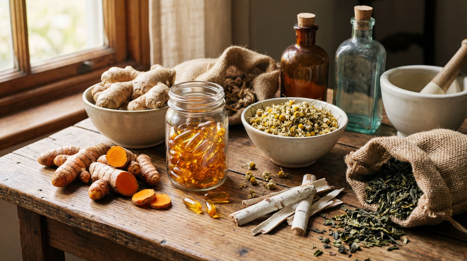Assortment of healing herbs including turmeric root, ginger, fish oil capsules, chamomile flowers, and green tea on a wooden surface