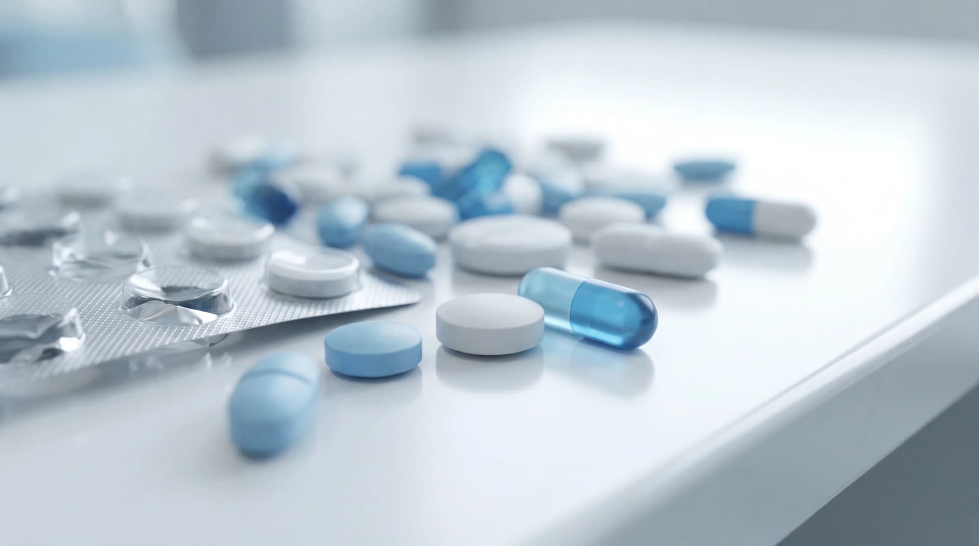 Oral medication tablets on a clinical research surface with pharmaceutical formulation equipment