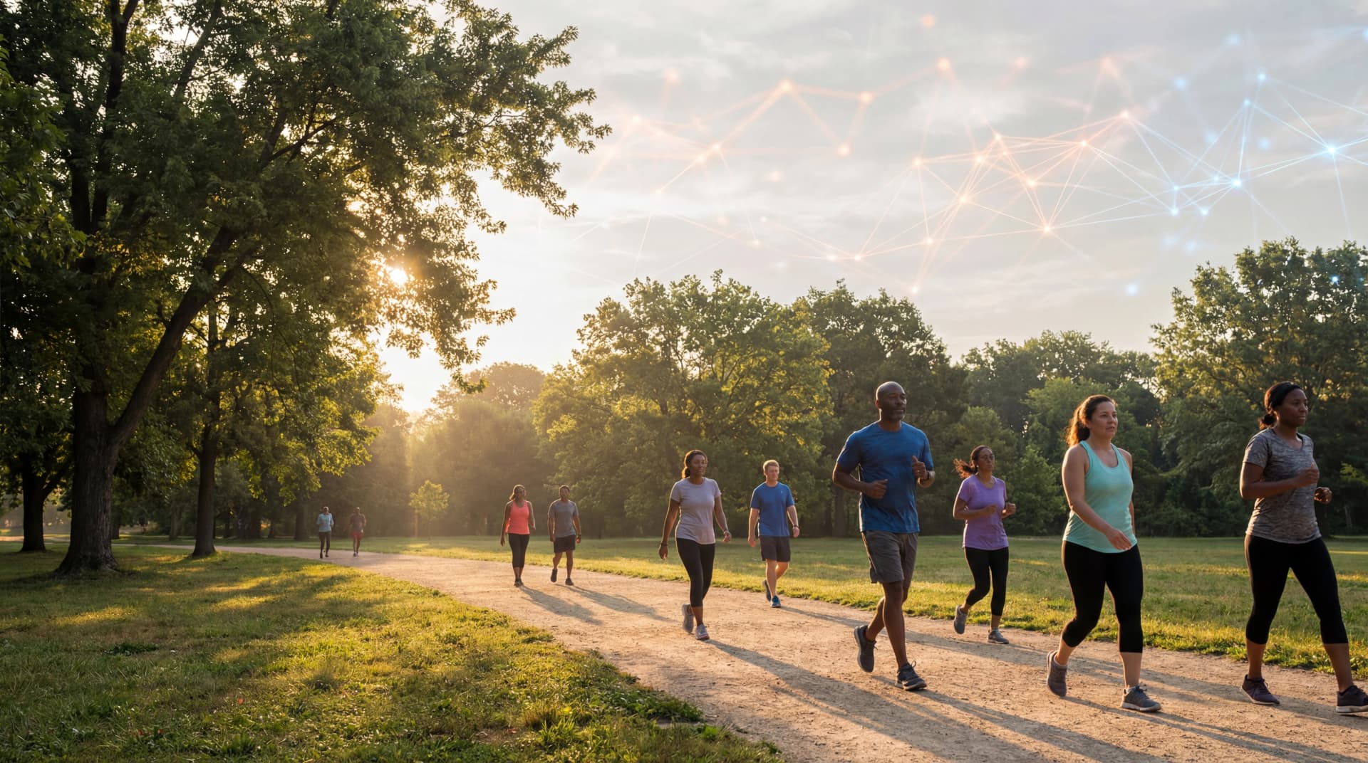 Sunrise trail scene with walkers and runners, symbolizing better memory, focus, and mood through regular physical activity.