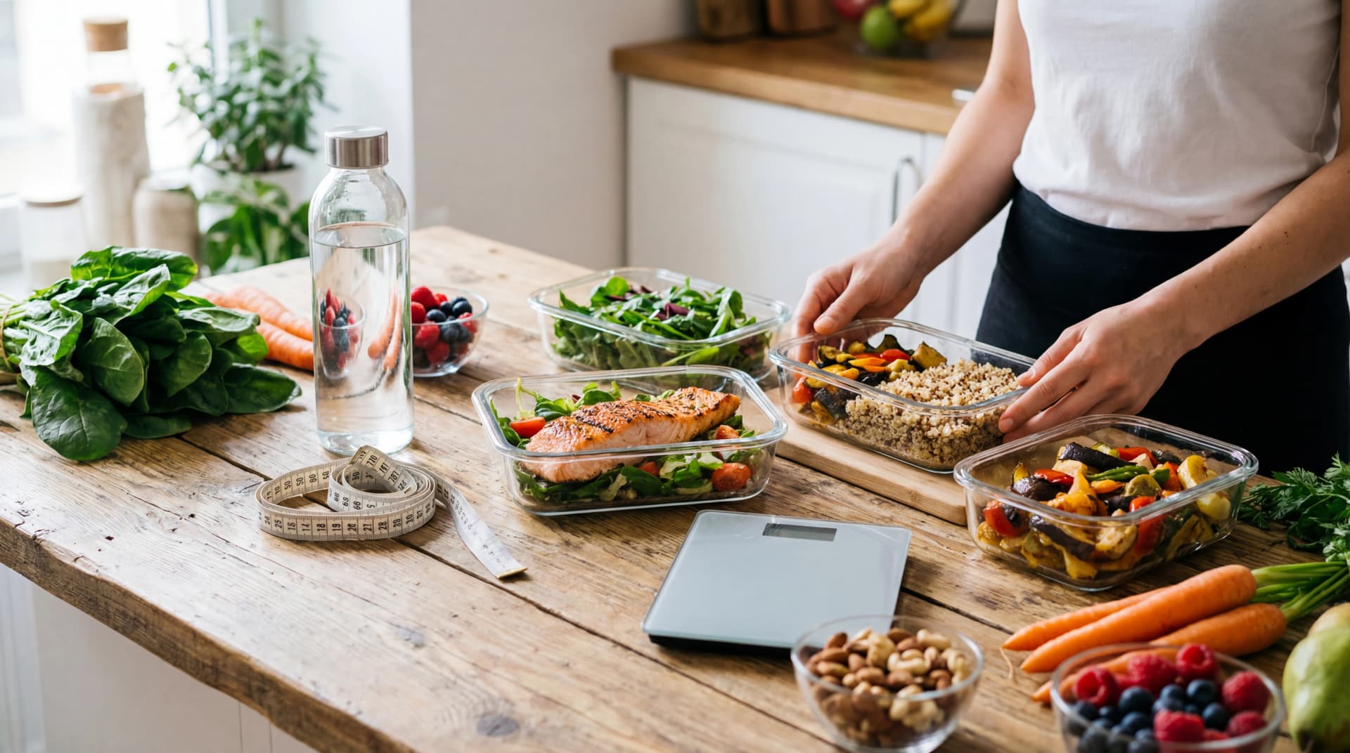 Balanced meal prep with vegetables, lean protein, grains, and water for a sustainable weight-loss routine