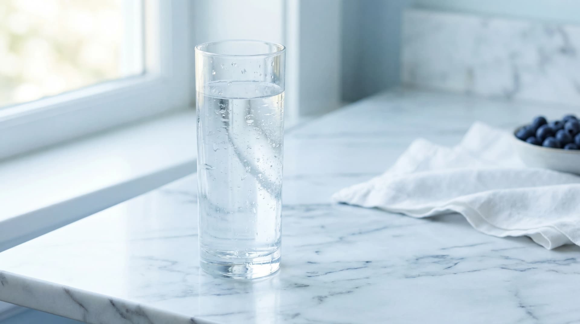 Clear glass of water with condensation droplets on a marble countertop in soft natural light