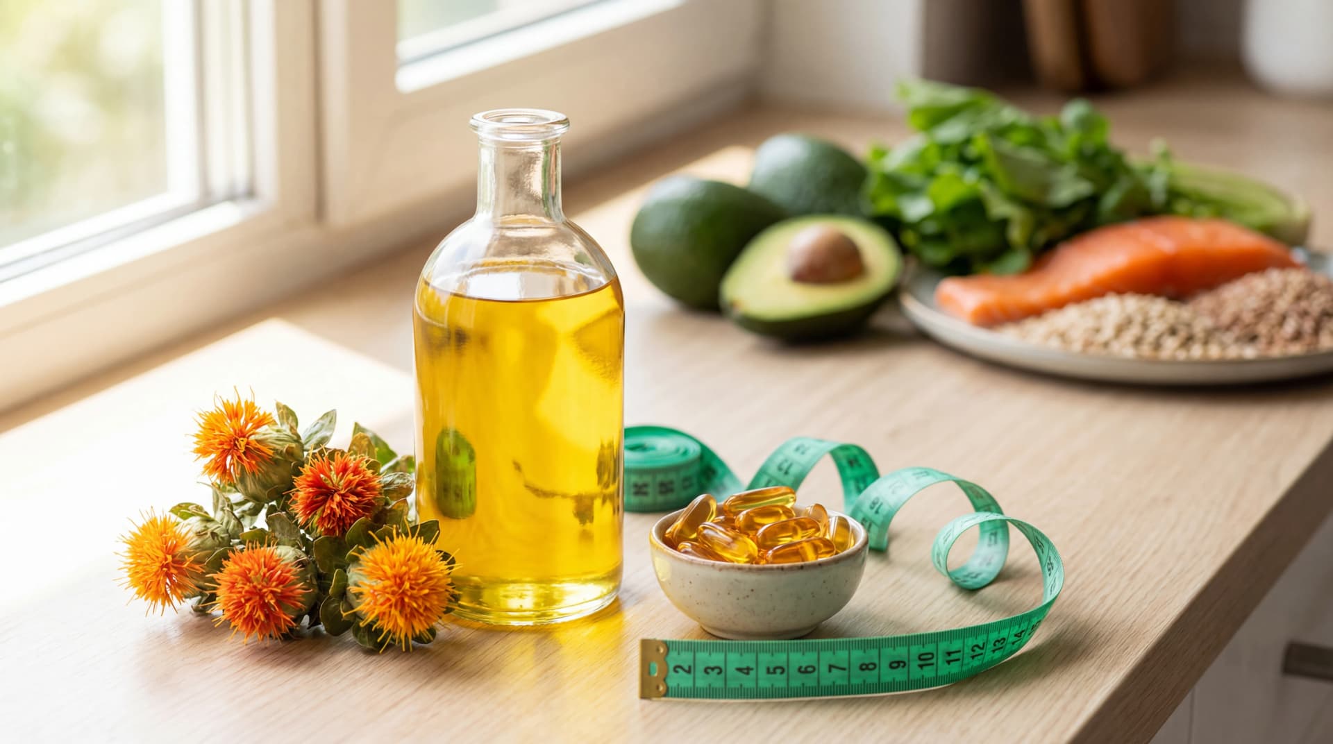 Glass bottle of safflower oil with safflower flowers, omega softgels, and a measuring tape beside whole-food ingredients on a bright kitchen counter