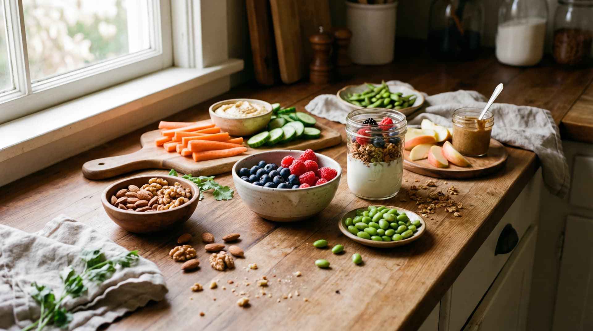 Colorful spread of healthy snacks including mixed nuts, fresh berries, yogurt parfaits, and sliced vegetables arranged on a wooden kitchen counter
