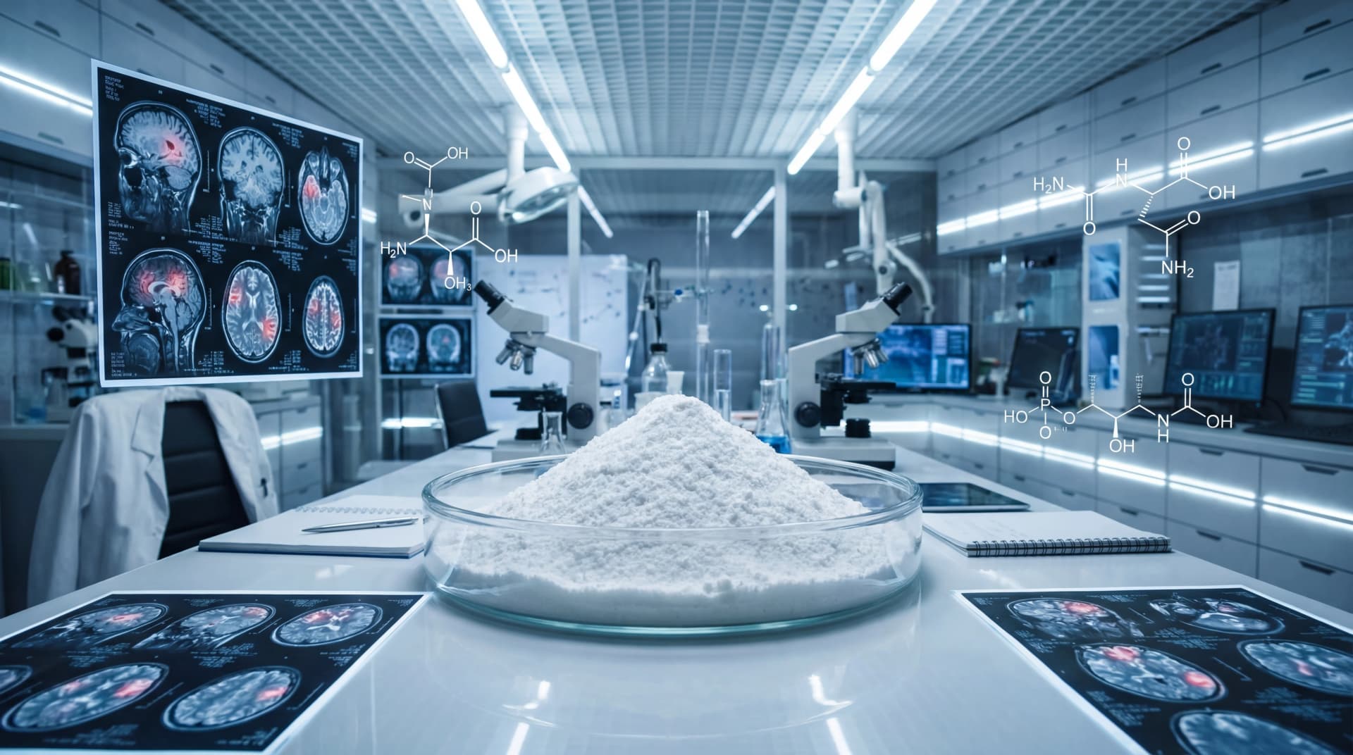 Creatine powder beside molecular structure diagrams and brain scan imagery on a laboratory surface