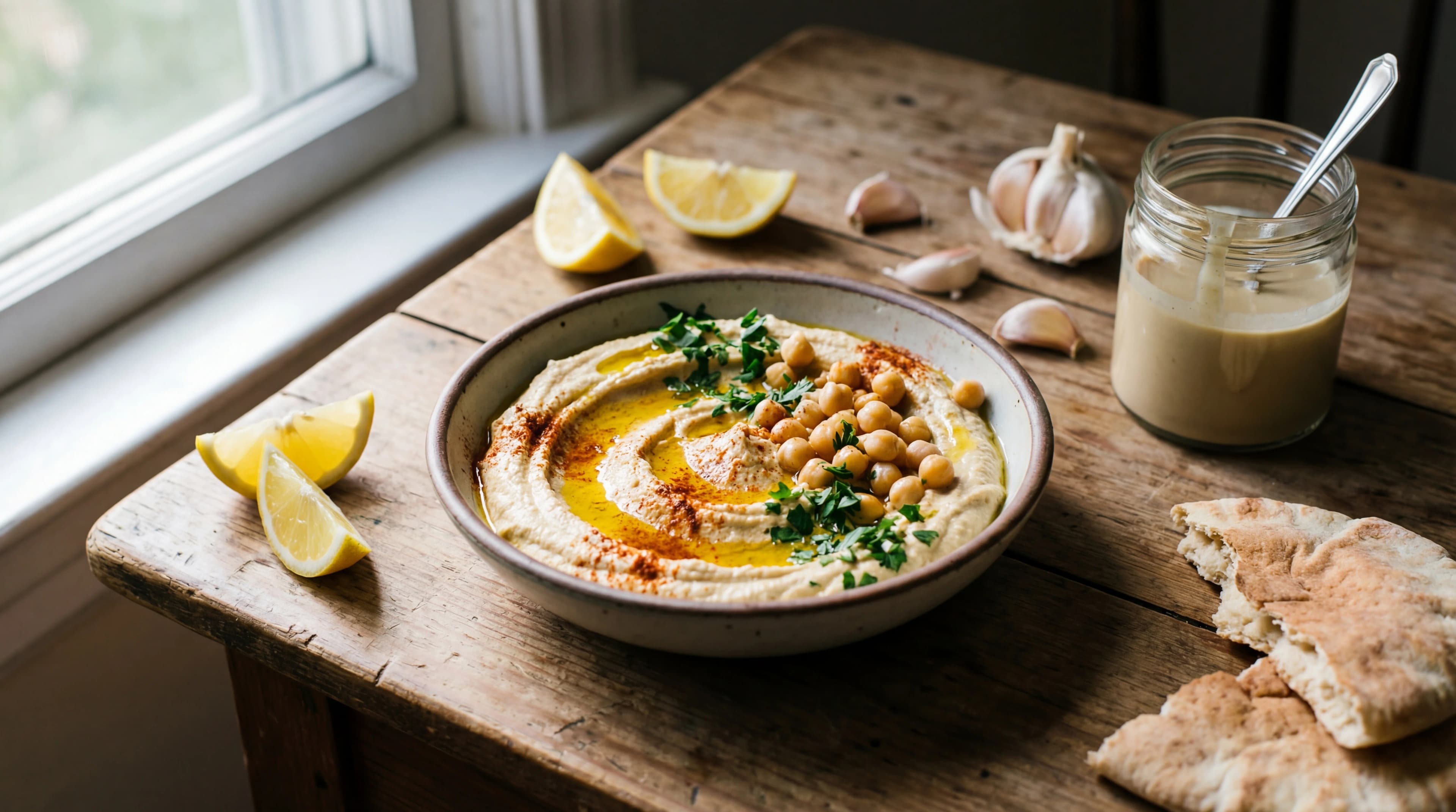Rustic bowl of homemade hummus with olive oil, chickpeas, parsley, lemon wedges, and warm pita beside a tahini jar
