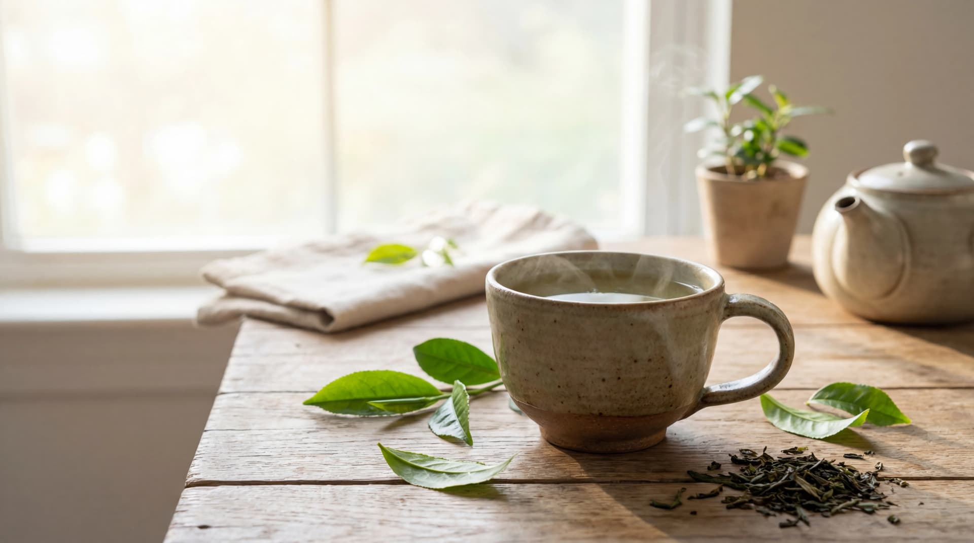 Ceramic cup of steaming green tea with fresh tea leaves on a wooden table in morning light.