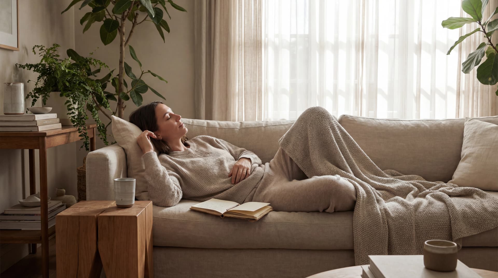 Woman resting on a sofa with a notebook and warm daylight, illustrating daily self-management for chronic fatigue syndrome.