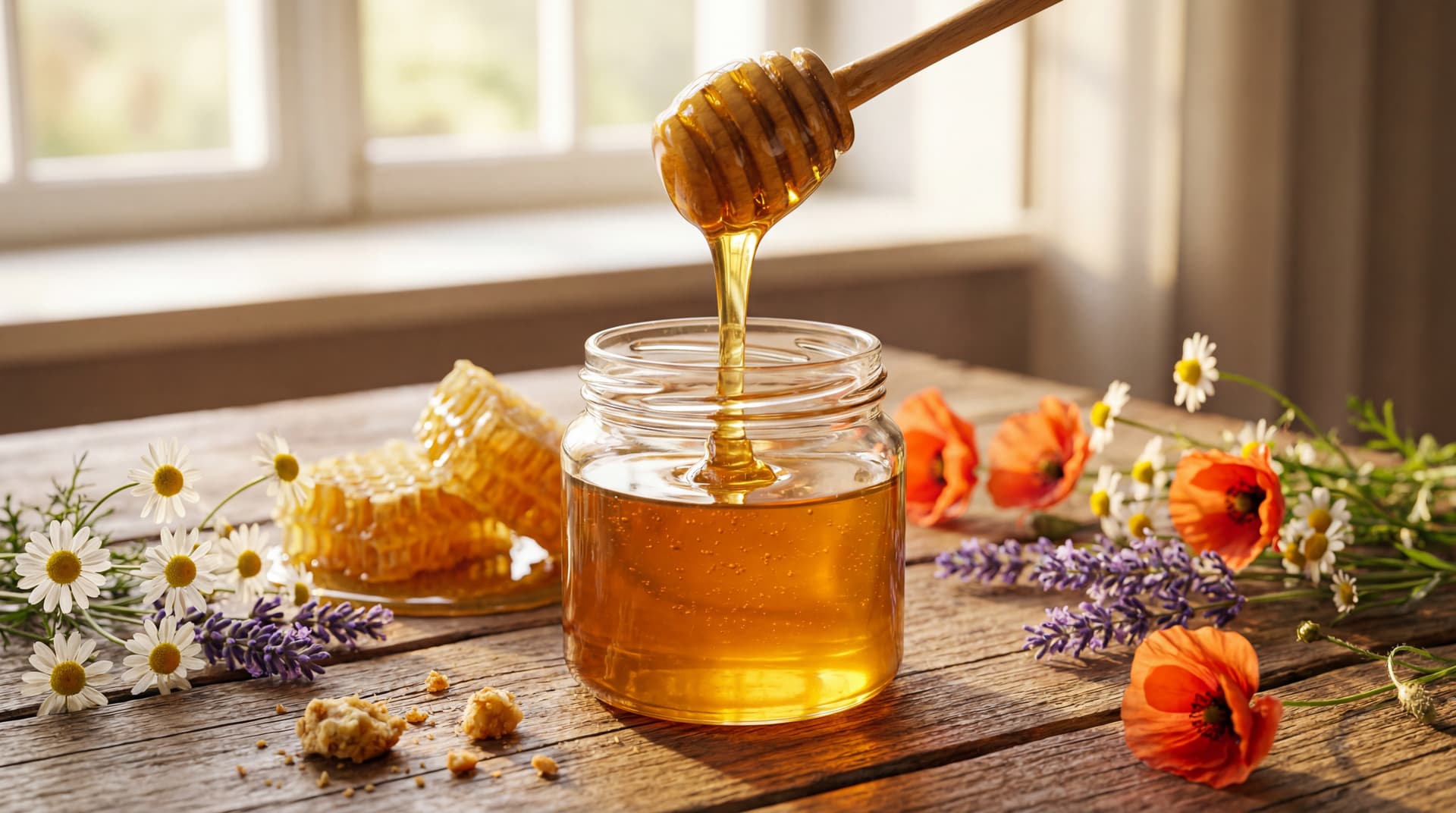Glass jar of golden honey with a wooden dipper, honeycomb, and wildflowers on a rustic kitchen table.
