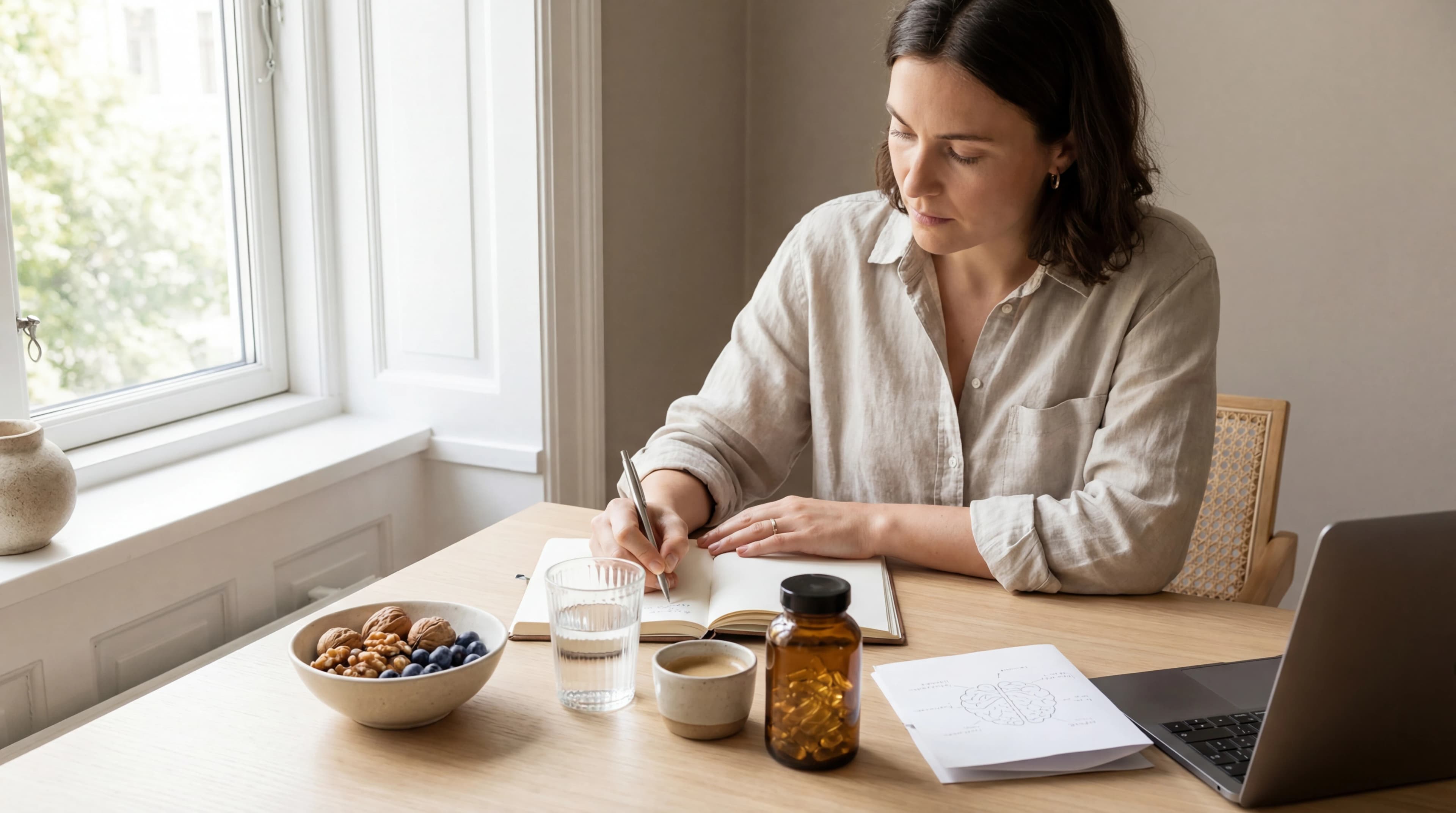 Focused professional organizing a cognitive performance plan at a desk with water, coffee, and brain-supportive foods.