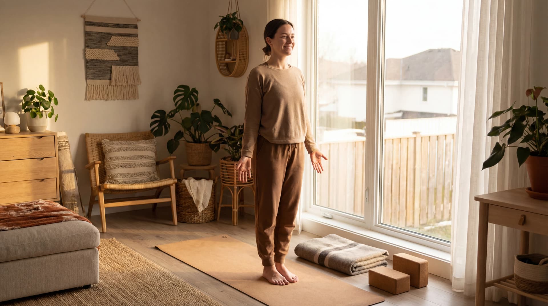 Beginner practicing a gentle standing yoga pose in a sunlit home living room with supportive props.