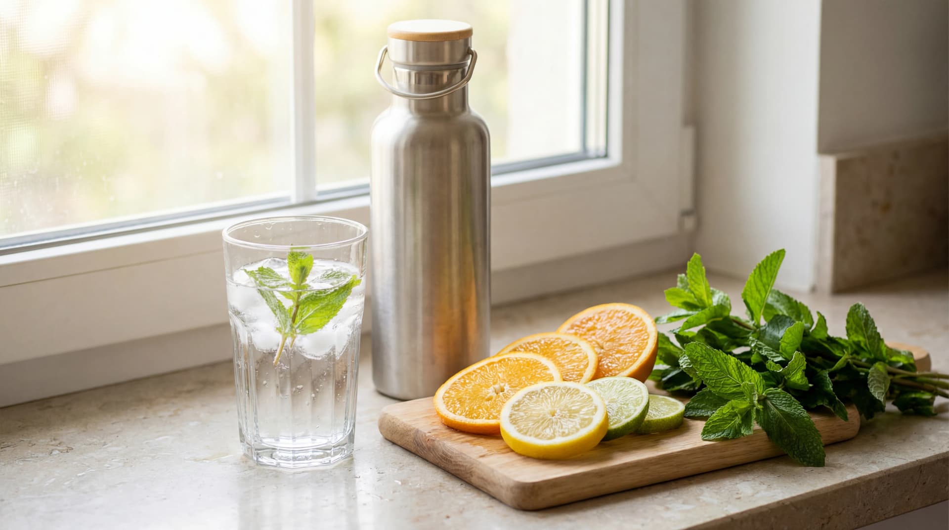 Clear glass of fresh water with citrus and mint on a bright kitchen counter, representing daily hydration habits.