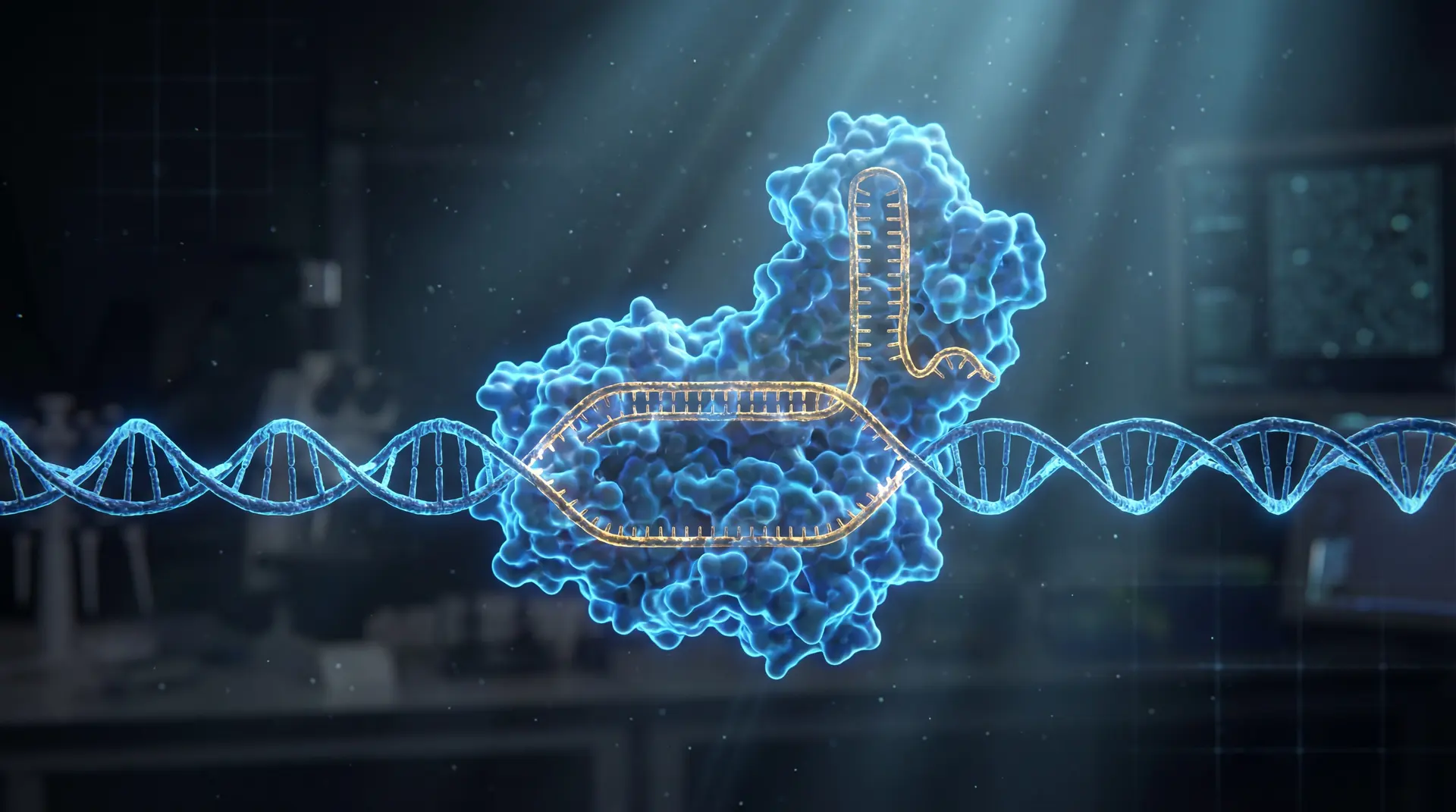 CRISPR-Cas9 molecular machinery cutting into a bacterial resistance plasmid with glowing DNA strands