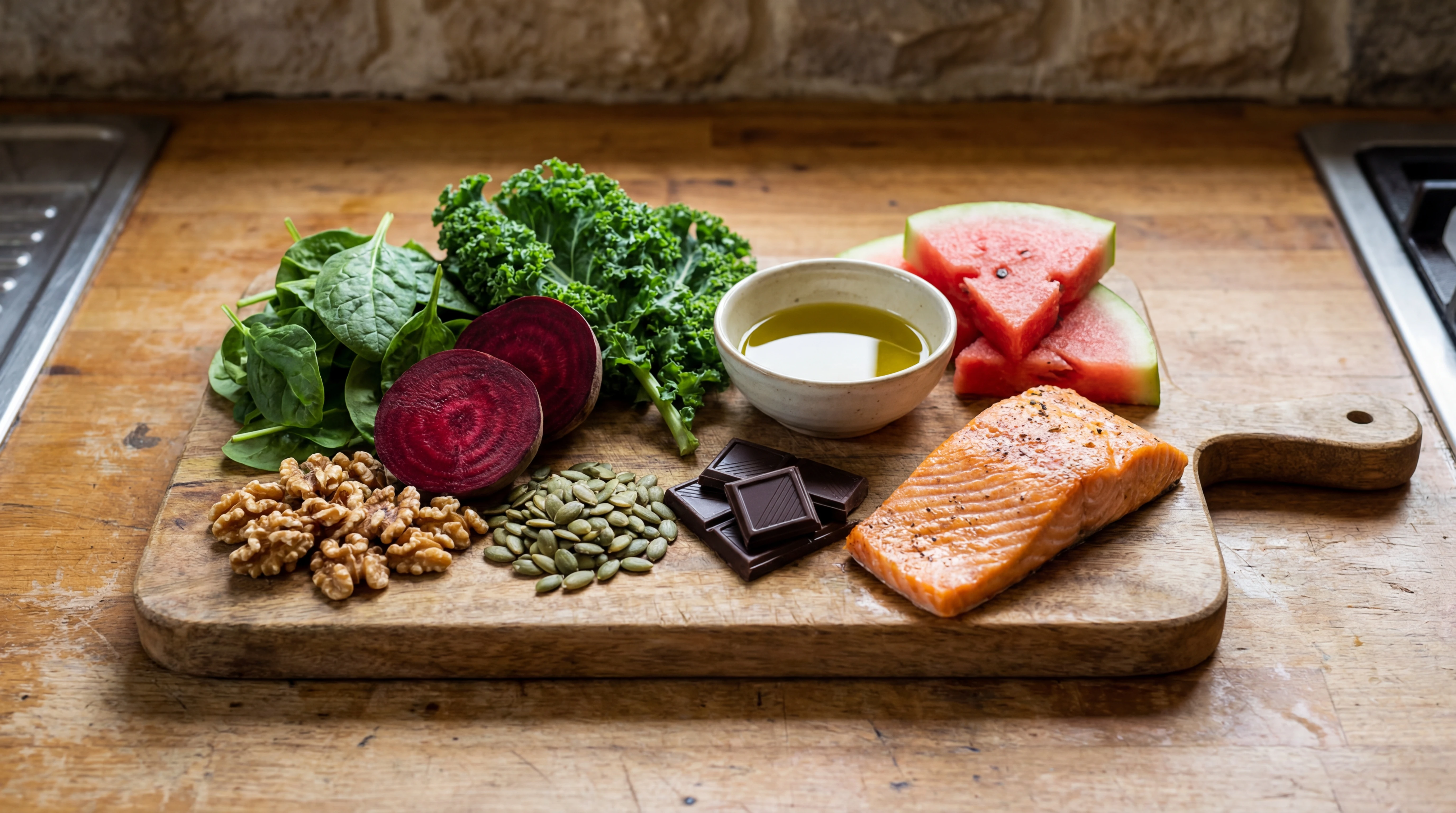 Fresh vegetables, nuts, and dark chocolate arranged on a wooden cutting board representing foods that support vascular and sexual health