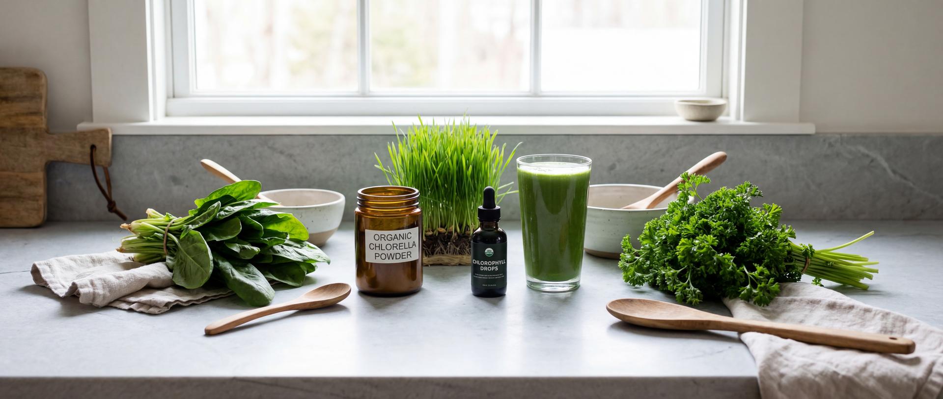 A vibrant layout of chlorophyll-rich vegetables and a dropper bottle of liquid chlorophyll.