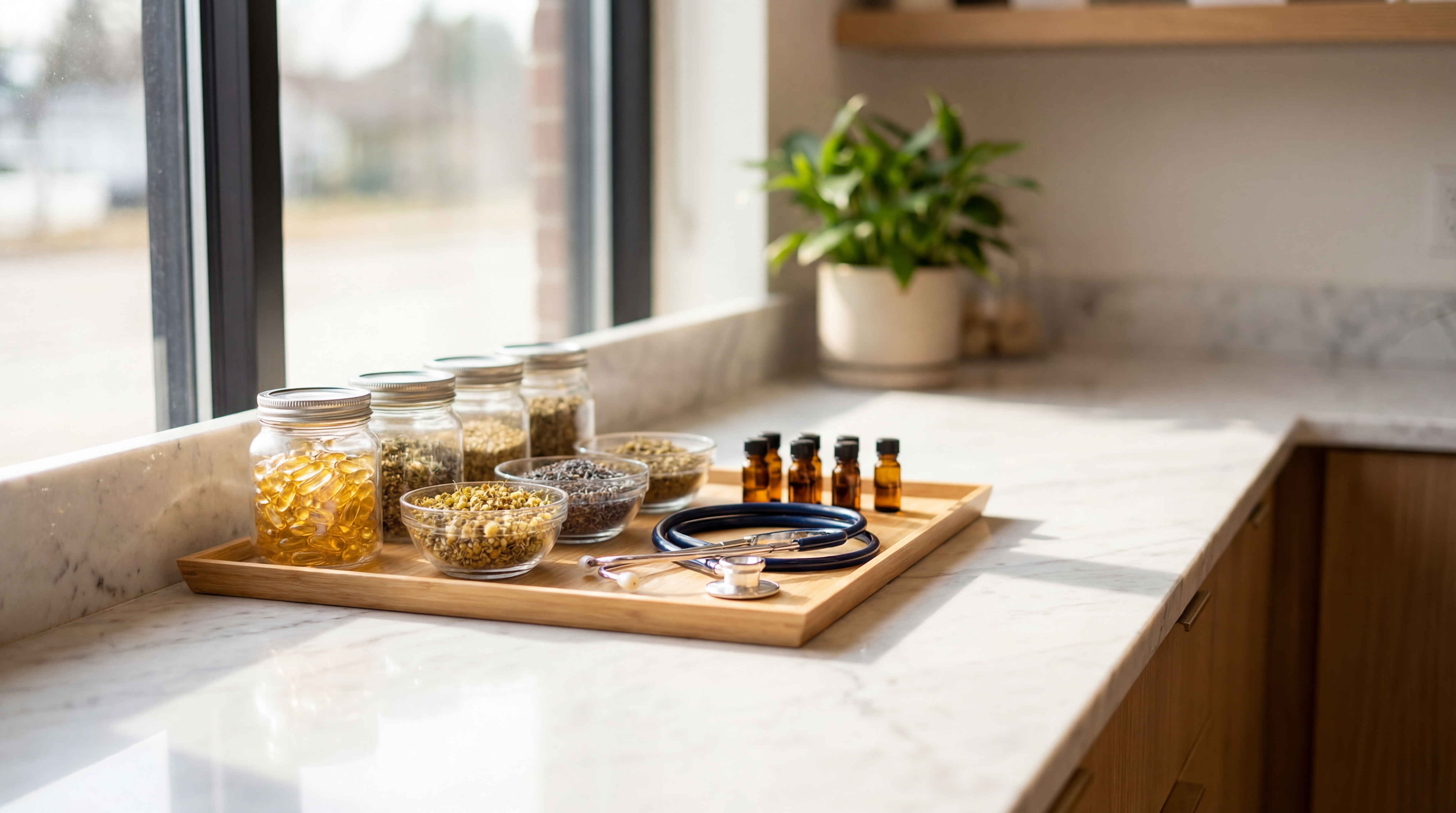 Natural supplements and clinical tools arranged on a clean surface representing evidence-based mens health research