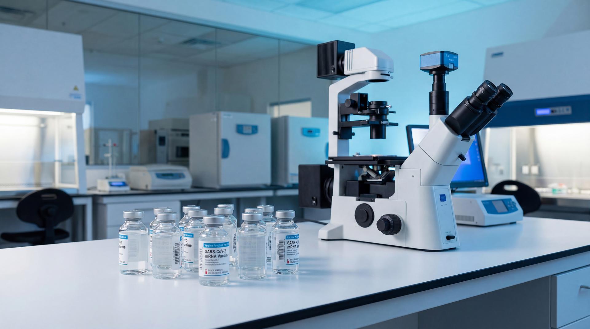 Laboratory research bench with vaccine vials and a microscope under cool blue clinical lighting