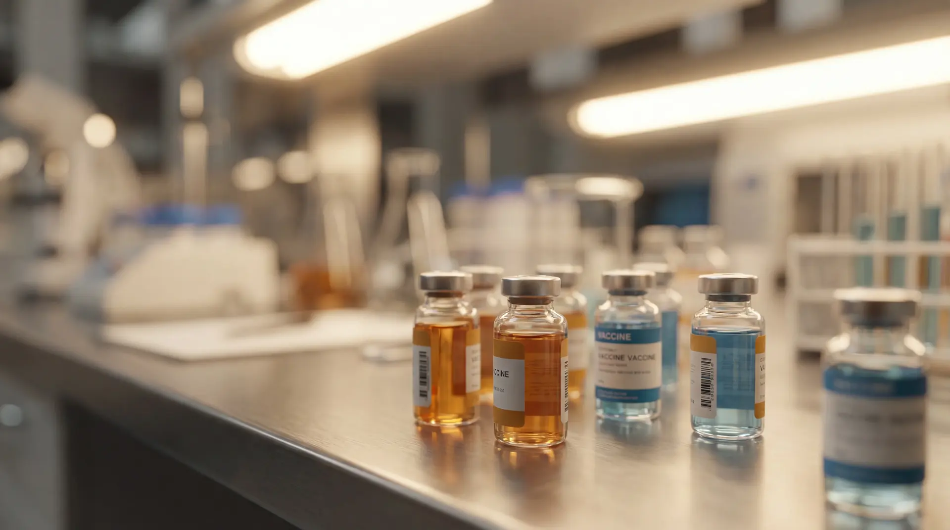 Glass vaccine vials containing colored liquid arranged on a laboratory bench under warm clinical lighting