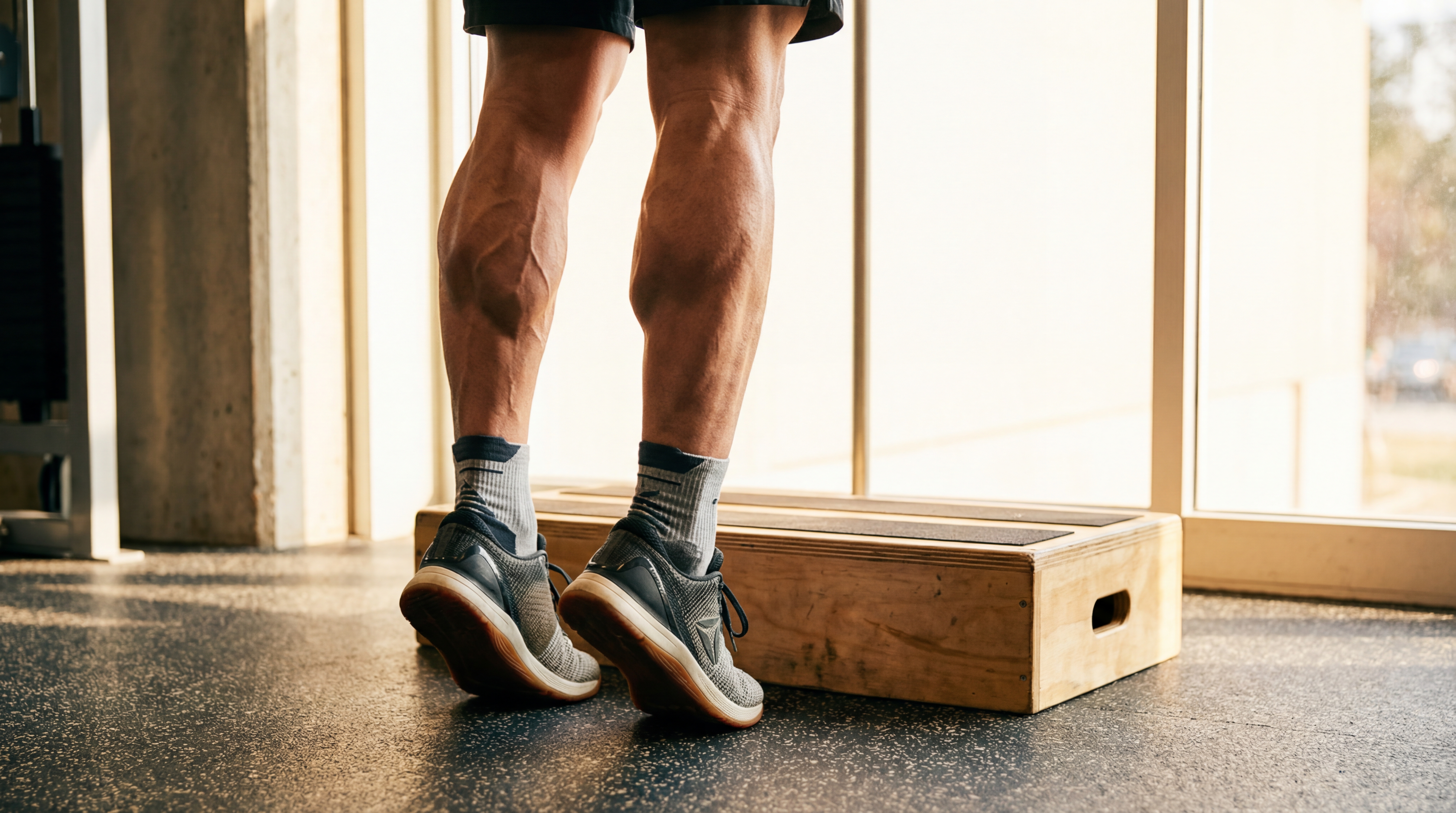 Person performing calf raises on a step with gym equipment in the background