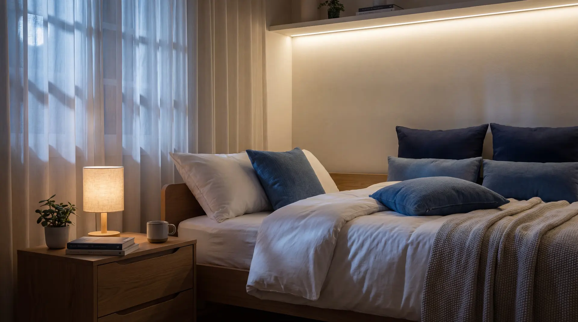 Serene bedroom at night with soft ambient lighting and plush bedding bathed in moonlight