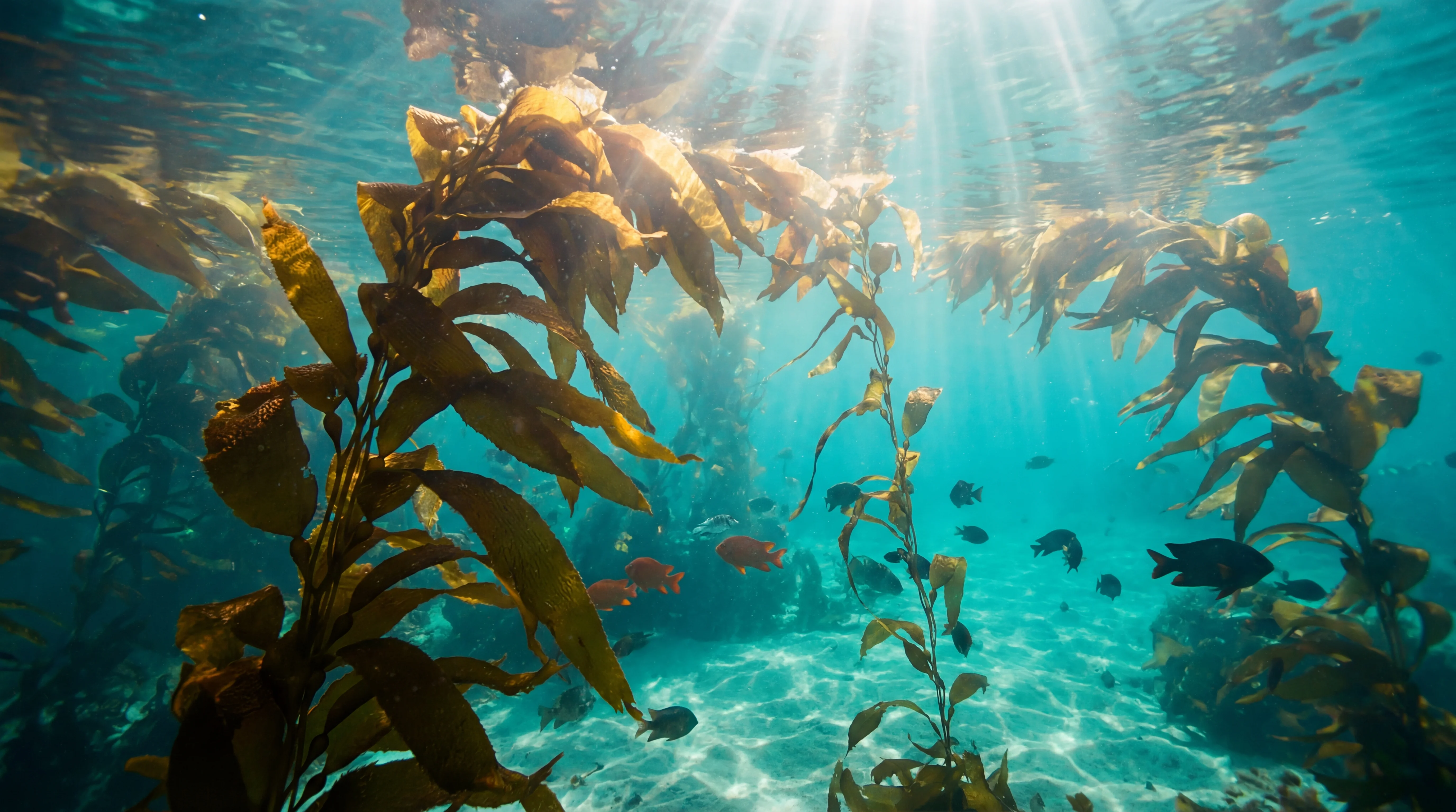 Brown seaweed fronds floating in clear ocean water with sunlight filtering through