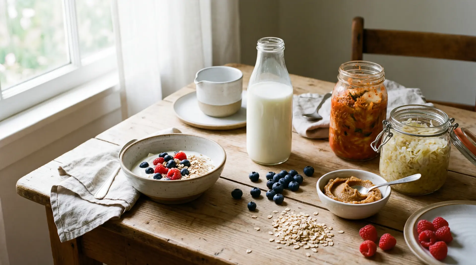 Assorted probiotic foods including yogurt, kefir, kimchi, berries, and oats arranged on a bright kitchen table.