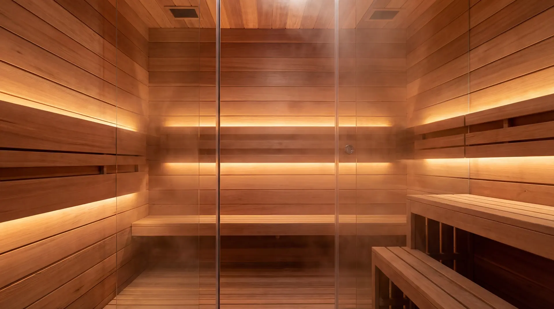 Empty cedar infrared sauna room with soft amber heat panels and bench seating