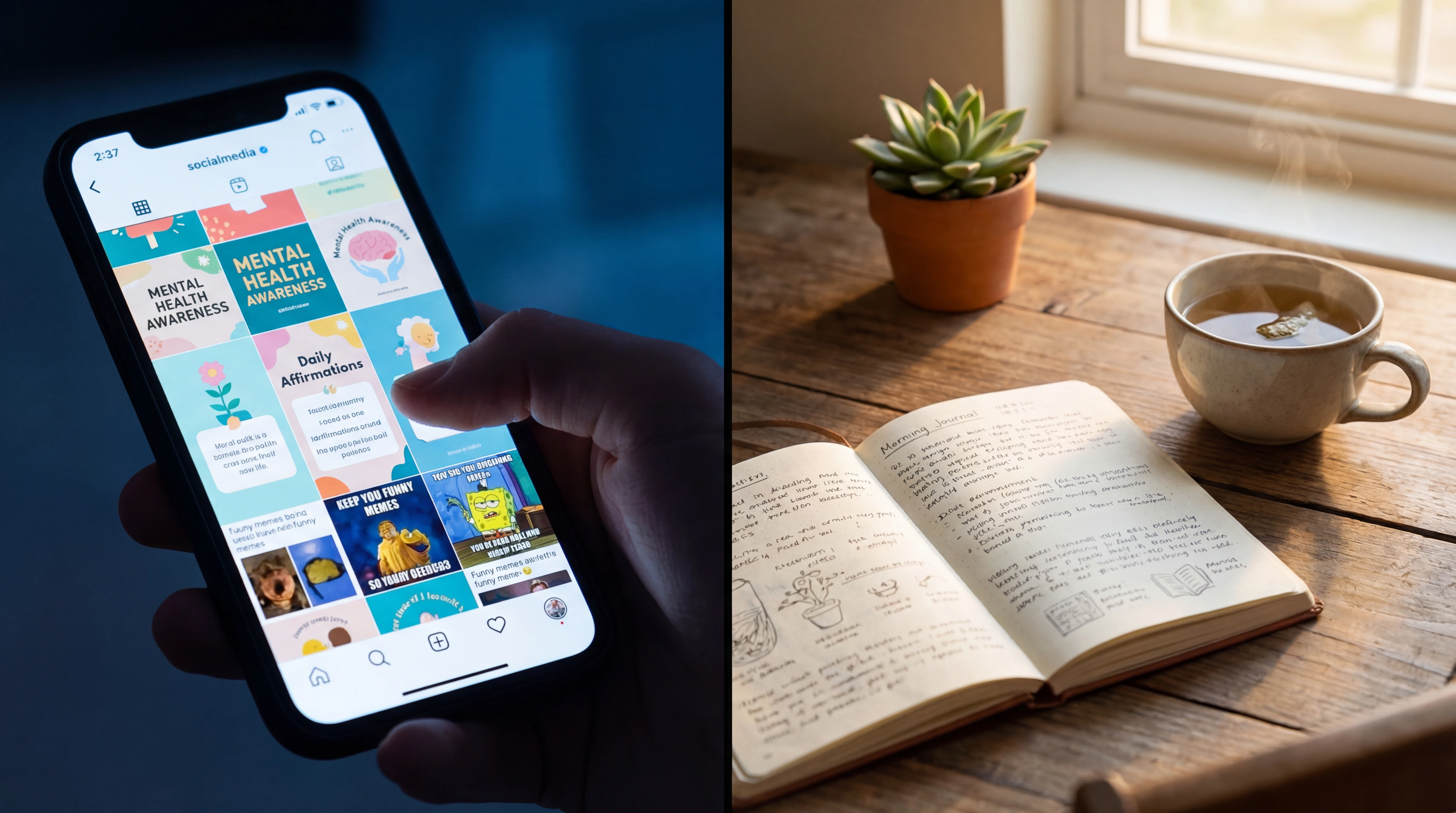 Split view of a phone showing social media mental health content beside an open journal and herbal tea on a wooden desk