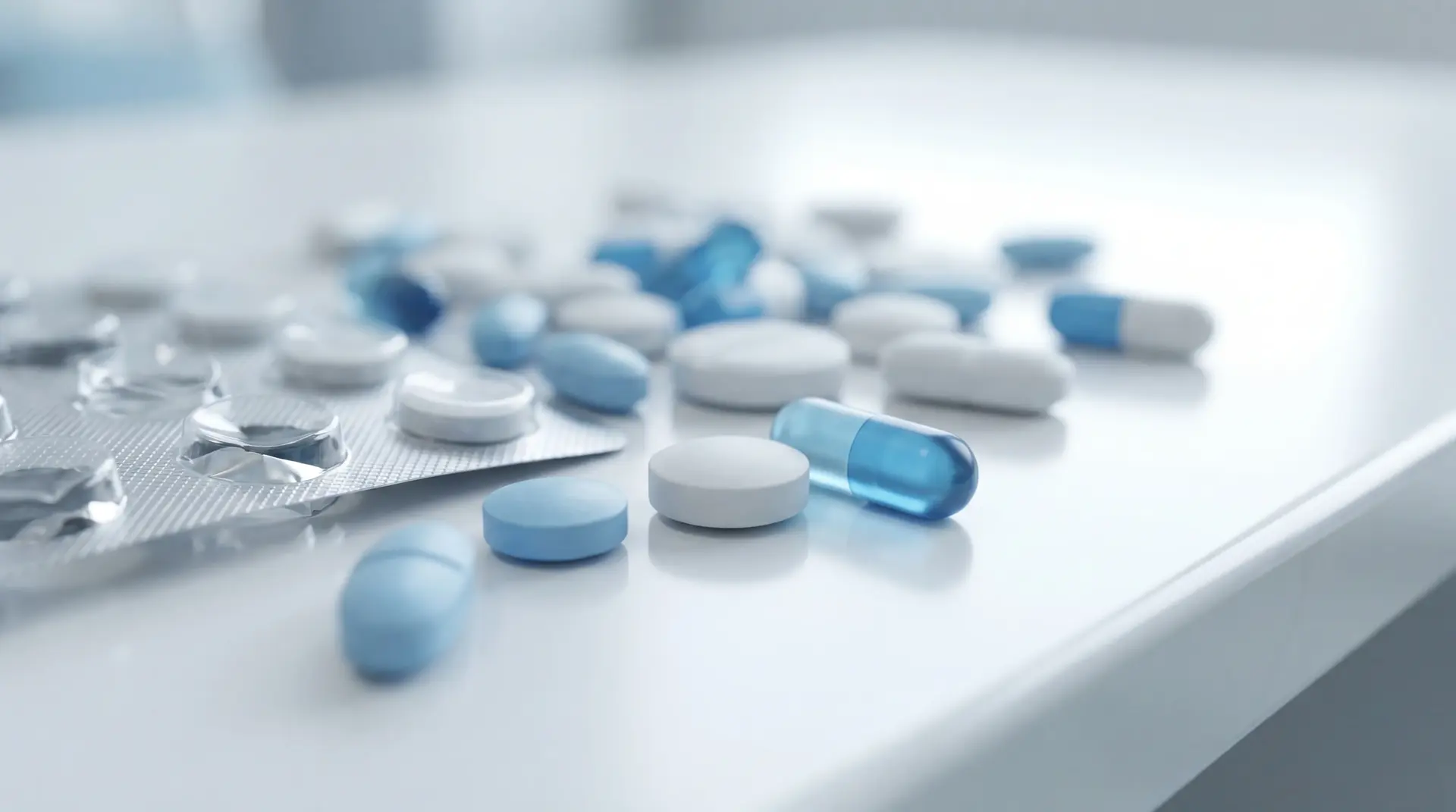 Oral medication tablets on a clinical research surface with pharmaceutical formulation equipment