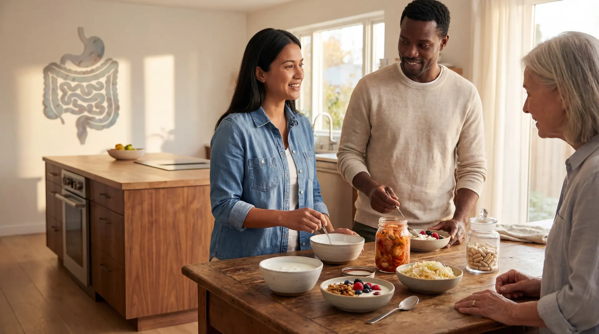 Dietitian-guided probiotic meal setup with yogurt, kefir, kimchi, sauerkraut, and a labeled supplement jar in a bright kitchen