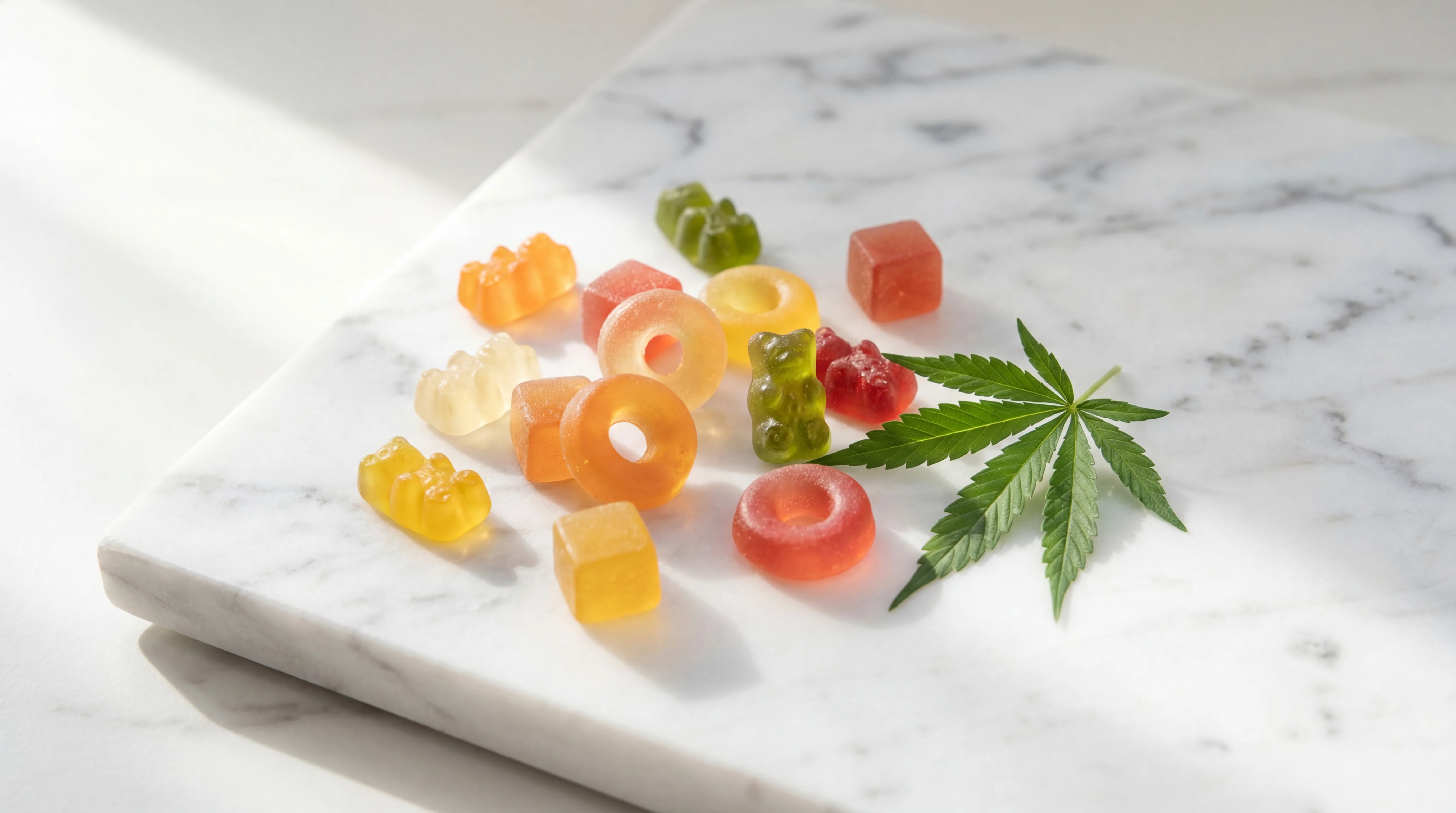 Assorted CBD gummies in different shapes and colors arranged on a white marble surface with a hemp leaf